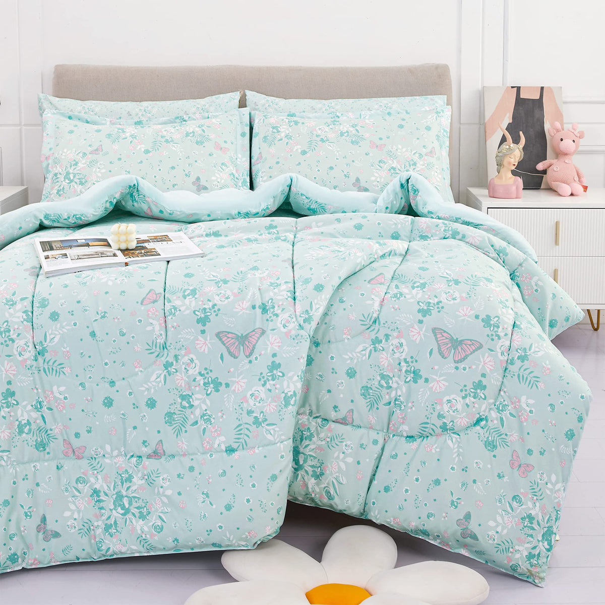 Viviland Twin Butterfly Comforter Set For Girls - Kids Brushed Microfiber Twin Bedding Set - 5 Pieces Machine Washable Bed In A