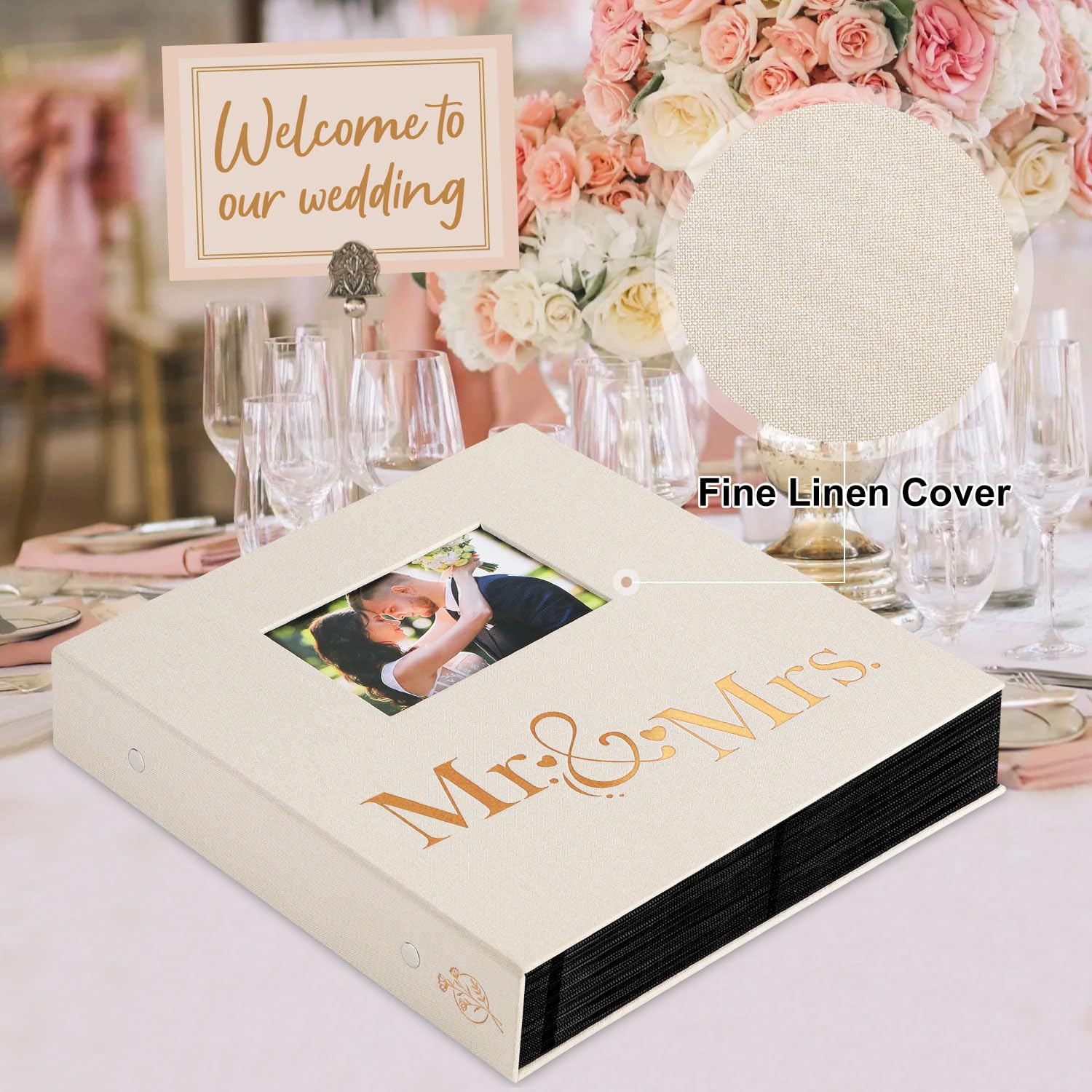 Lanpn Wedding Photo Album 4X6 600 Pocket Photos Slip In, Linen Cover Large Capacity Newlywed Marriage Window Album Hold 600 Hori