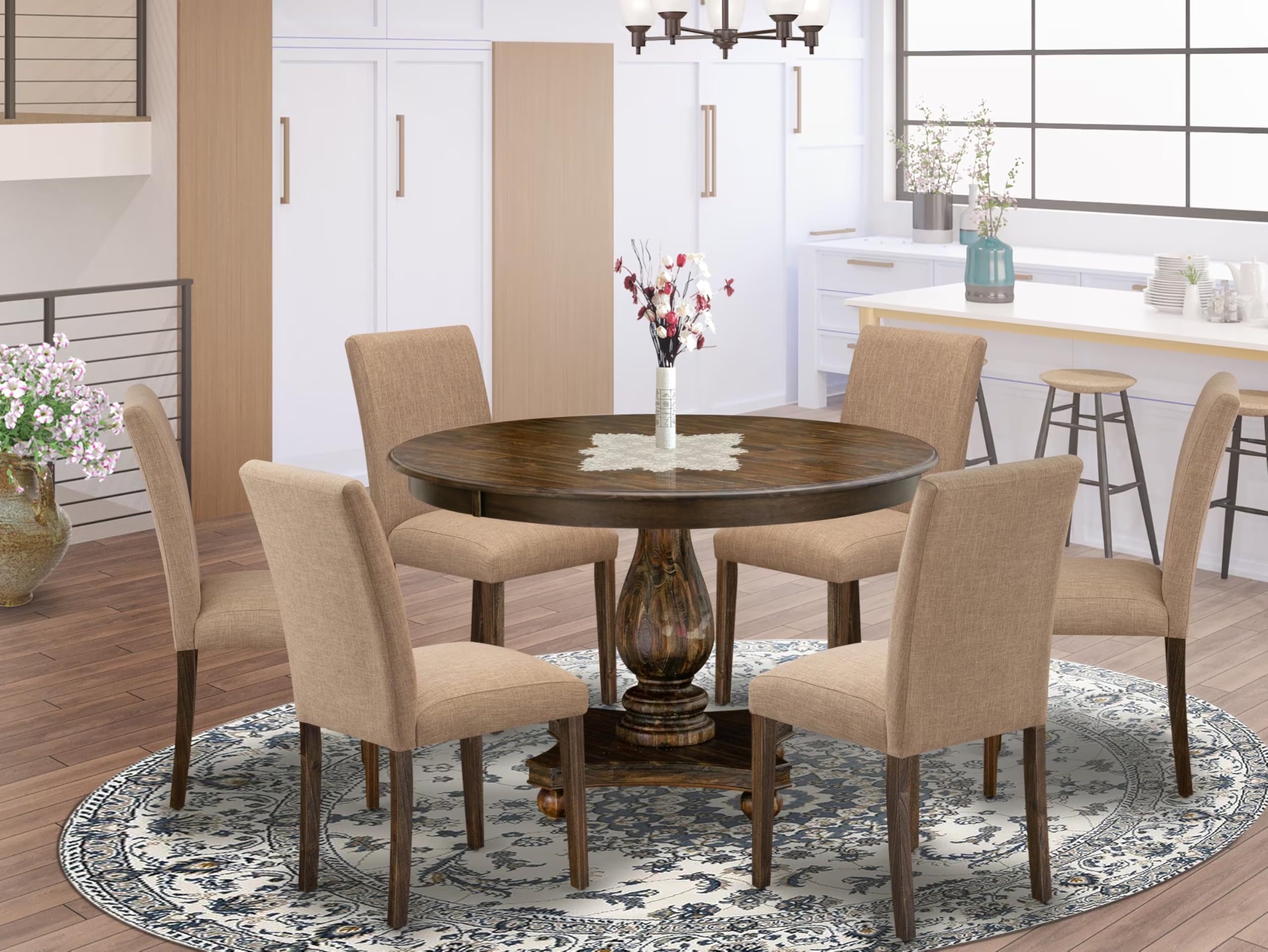 East West Furniture F2AB7-747 7 Piece Dining Room Table Set Consist of a Round Dining Table with Pedestal and 6 Light Sable Linen Fabric Upholstered Chairs, 48x48 Inch, Distressed Jacobean