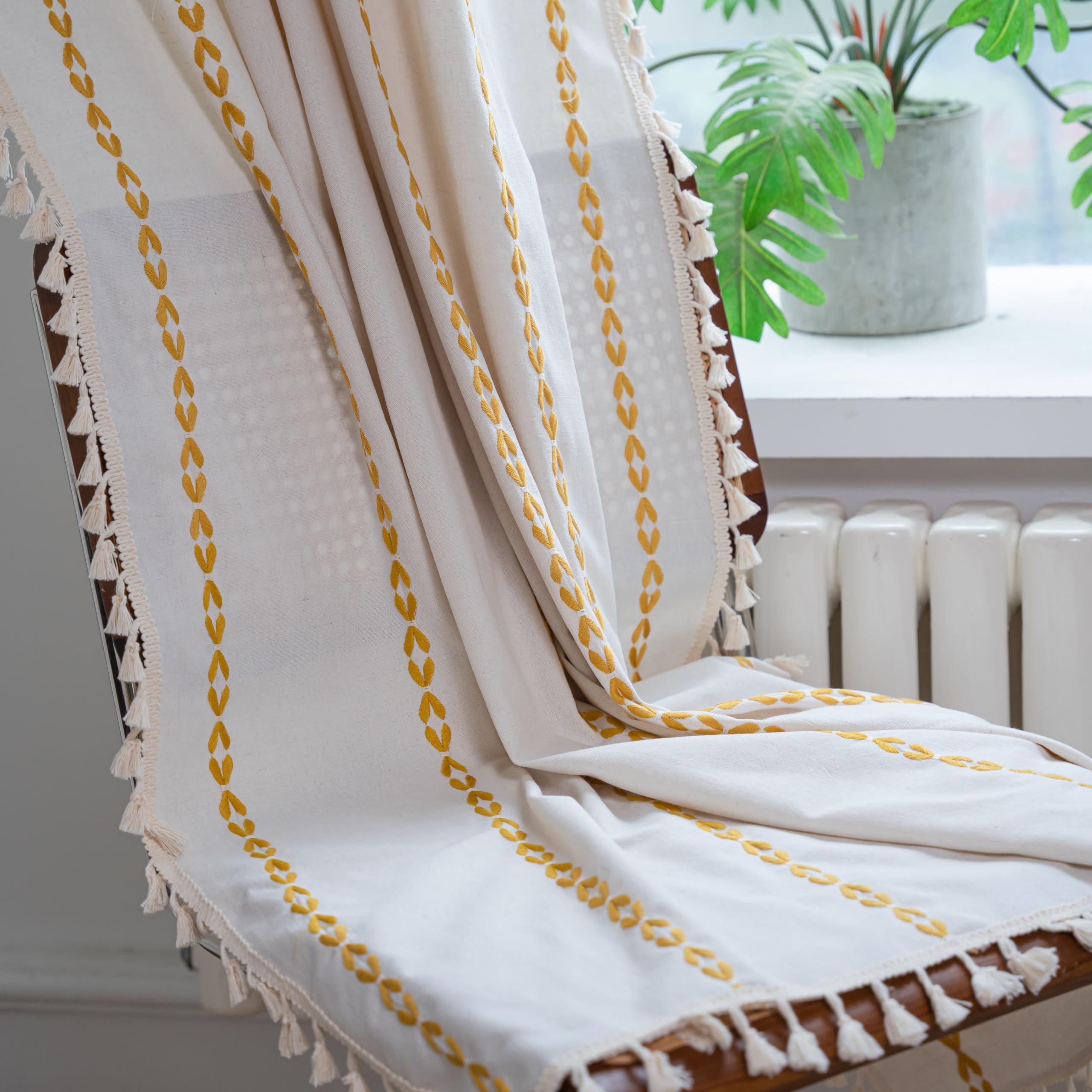 Sutuo Home Boho Curtains 84 Inch Length For Bedroom, Semi Blackout Farmhouse Vintage Shabby Chic Tassels Window Treatment Bohemian Embroidery Drape, Rod Pocket 1 Panel 52' W X 84' L, White And Gold