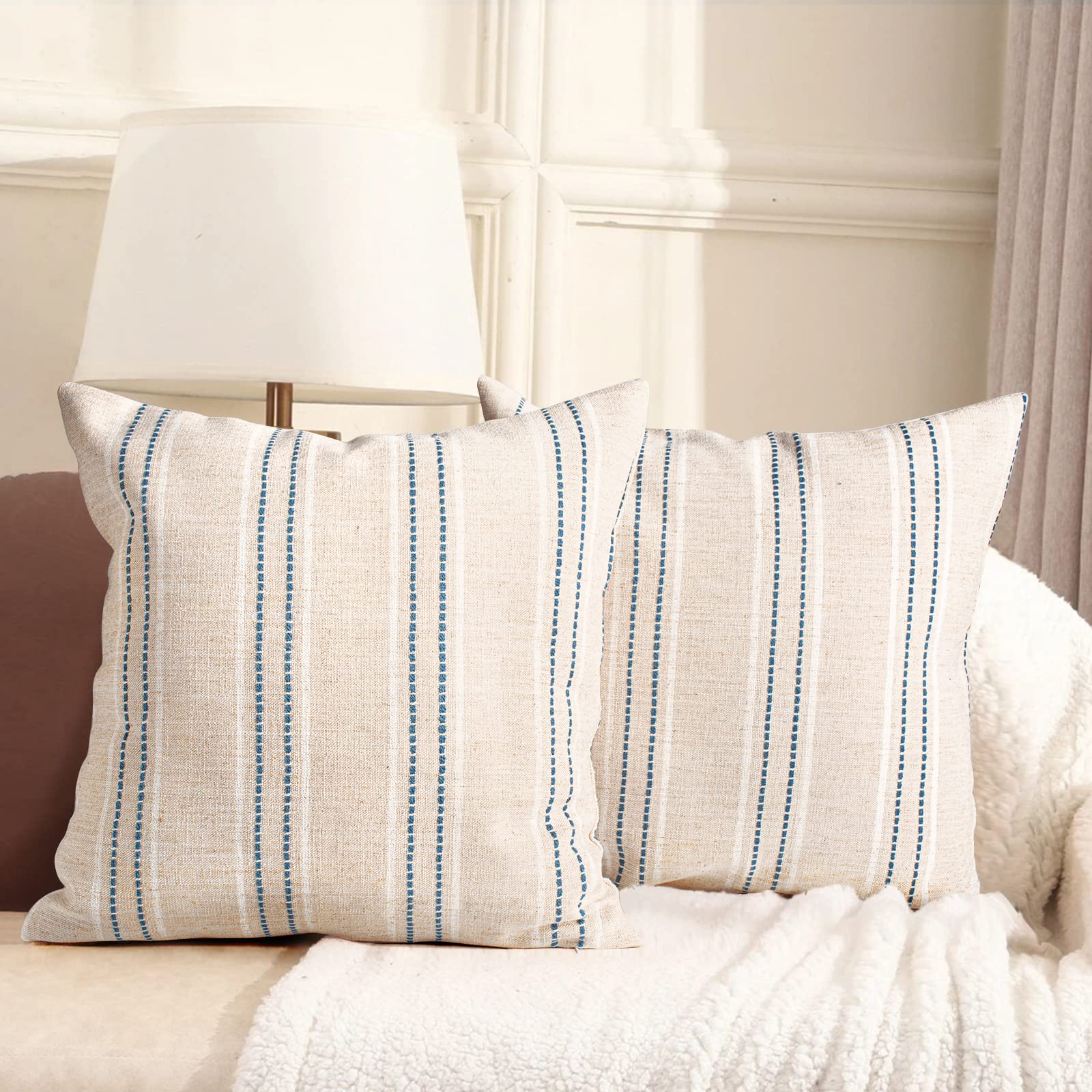 Aels 20X20 Decorative Farmhouse Linen Throw Pillow Covers, Boho Textured Pillow Case, Set Of 2,Beige With White & Navy Blue Stit