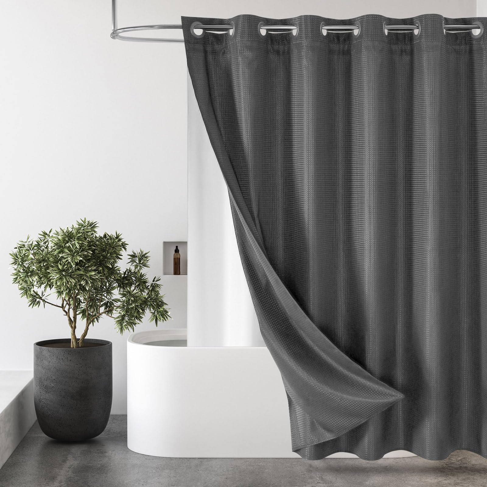 MitoVilla No Hooks Needed Extra Long Shower Curtain Set with Snap-in Liner, Grey 86 inch XL Heavyweight Waffle Fabric Cloth Show