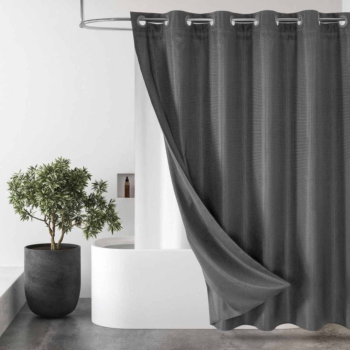 MitoVilla No Hooks Needed Grey Waffle Shower Curtain with Snap-in Liner, Modern Waffle Weave Heavy Duty Fabric Cloth Shower Curt