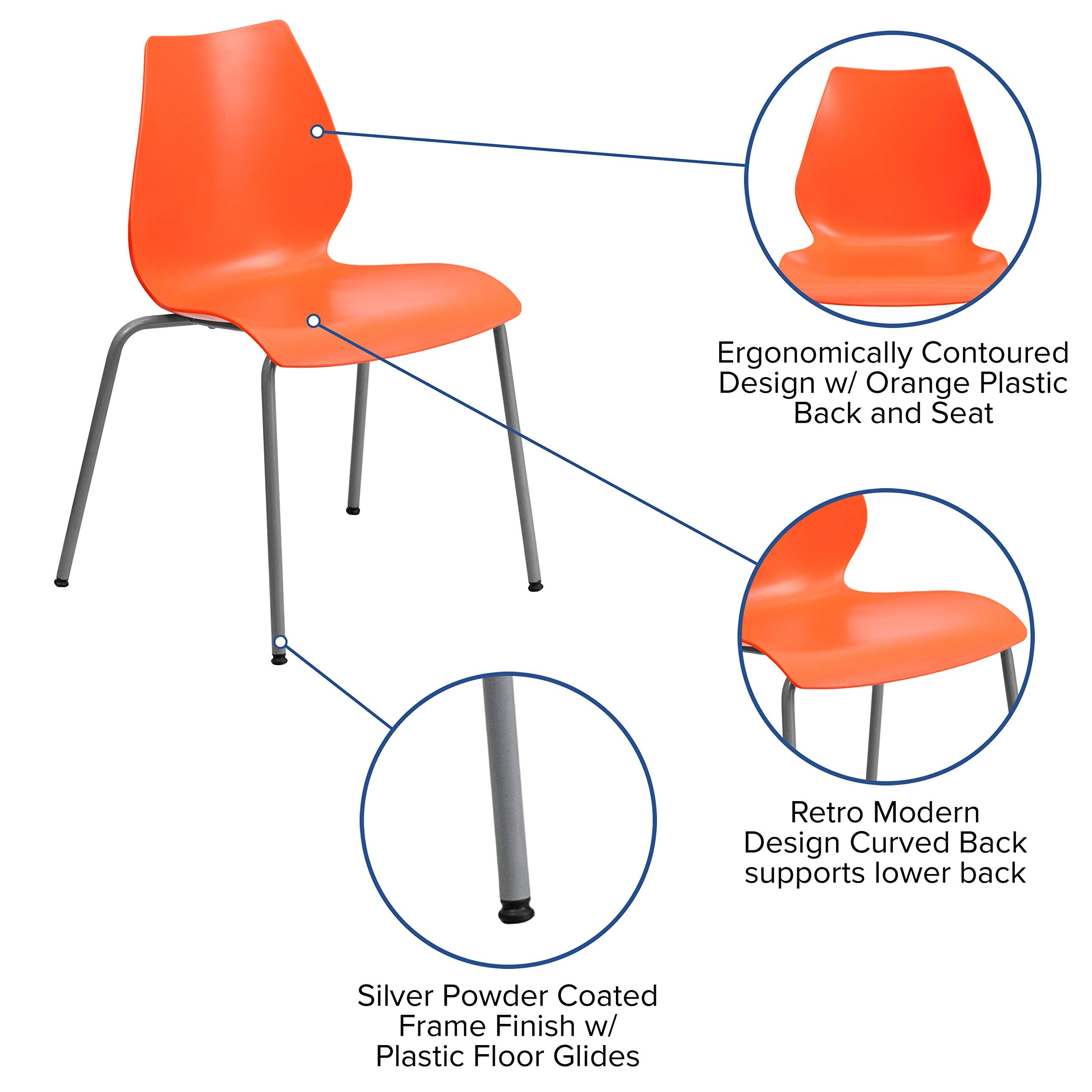 Flash Furniture HERCULES Series 770 lb. Capacity Orange Stack Chair with Lumbar Support and Silver Frame