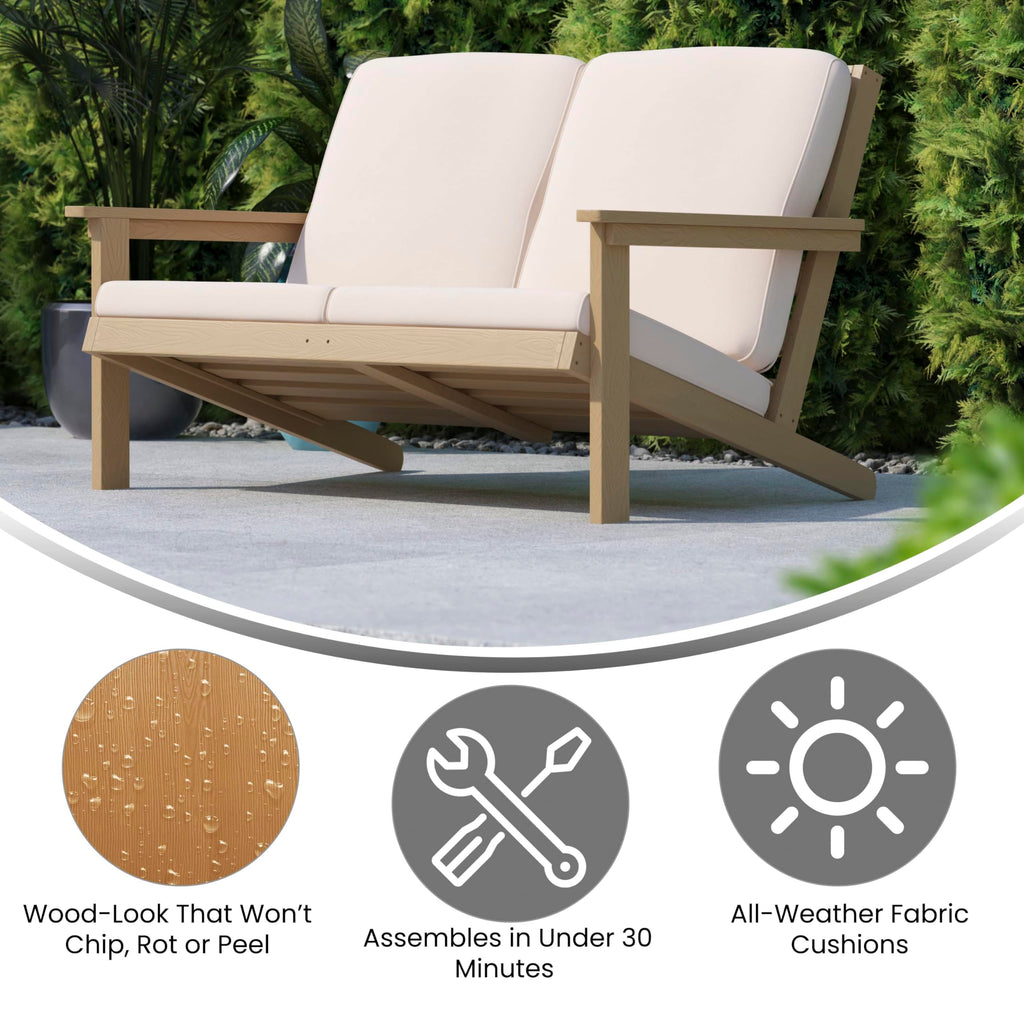 Flash Furniture Charlestown Adirondack Style Deep Seat Patio Loveseat with Cushions - Natural Cedar Poly Resin Frame - Cream All-Weather Cushions - Indoor/Outdoor