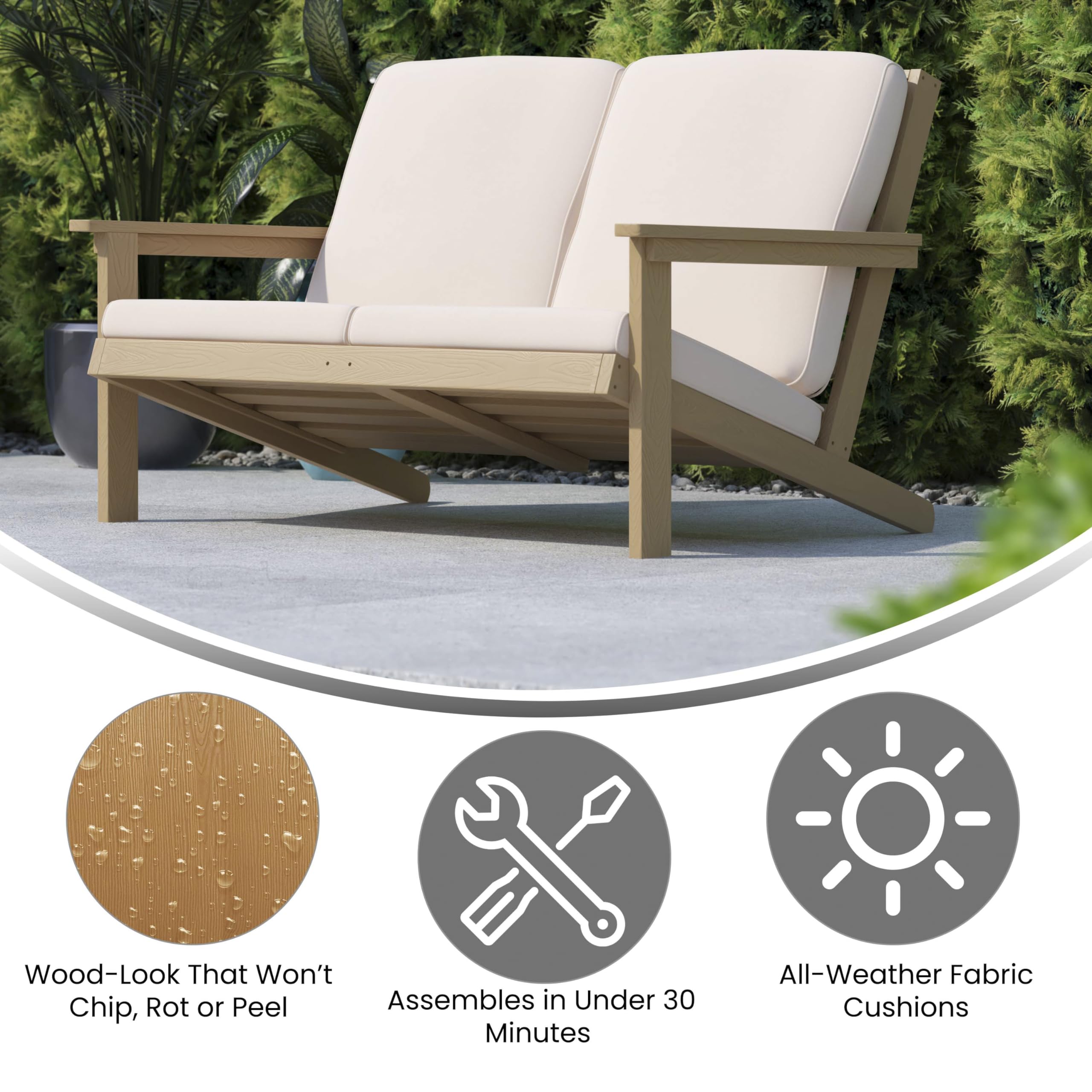 Flash Furniture Charlestown Adirondack Style Deep Seat Patio Loveseat with Cushions - Natural Cedar Poly Resin Frame - Cream All-Weather Cushions - Indoor/Outdoor
