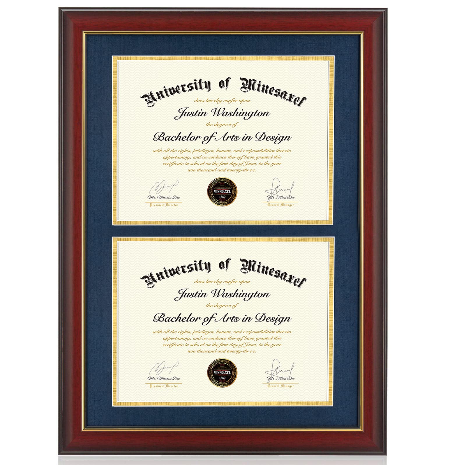 Minesaxel Double Diploma Frames 14x20 Fits Two 8.5x11 Inch Certificates, Documents and College Degree, Cherry Red Frame with Gol