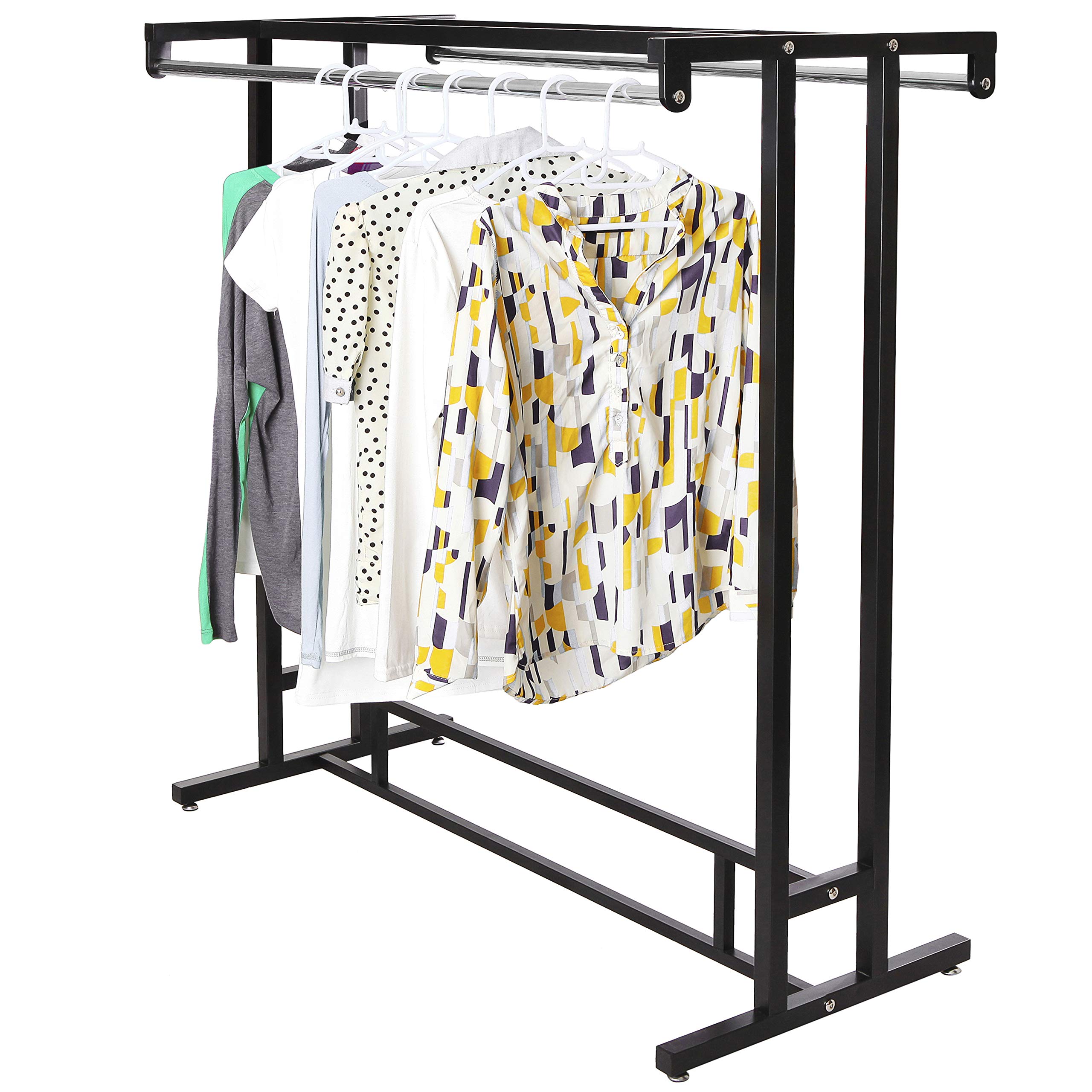 MyGift Black Stainless Steel Freestanding Garment Rack, Heavy Duty Double Rod Clothes Rack Clothing Hanger Stand with Storage Di