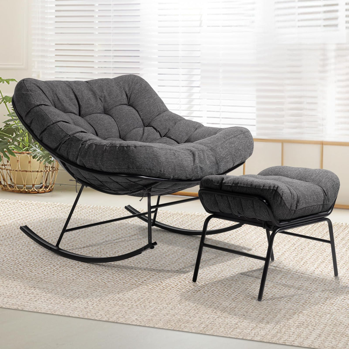 Bme Outdoor And Indoor Patio Rocking Chair With Ottoman, Modern Metal Rocker With Grey Cushion, 7'' Thick, 400Lbs Capacity, Sturdy Construction, Ergonomic Design, Quick Assembly, Floor Ensureor