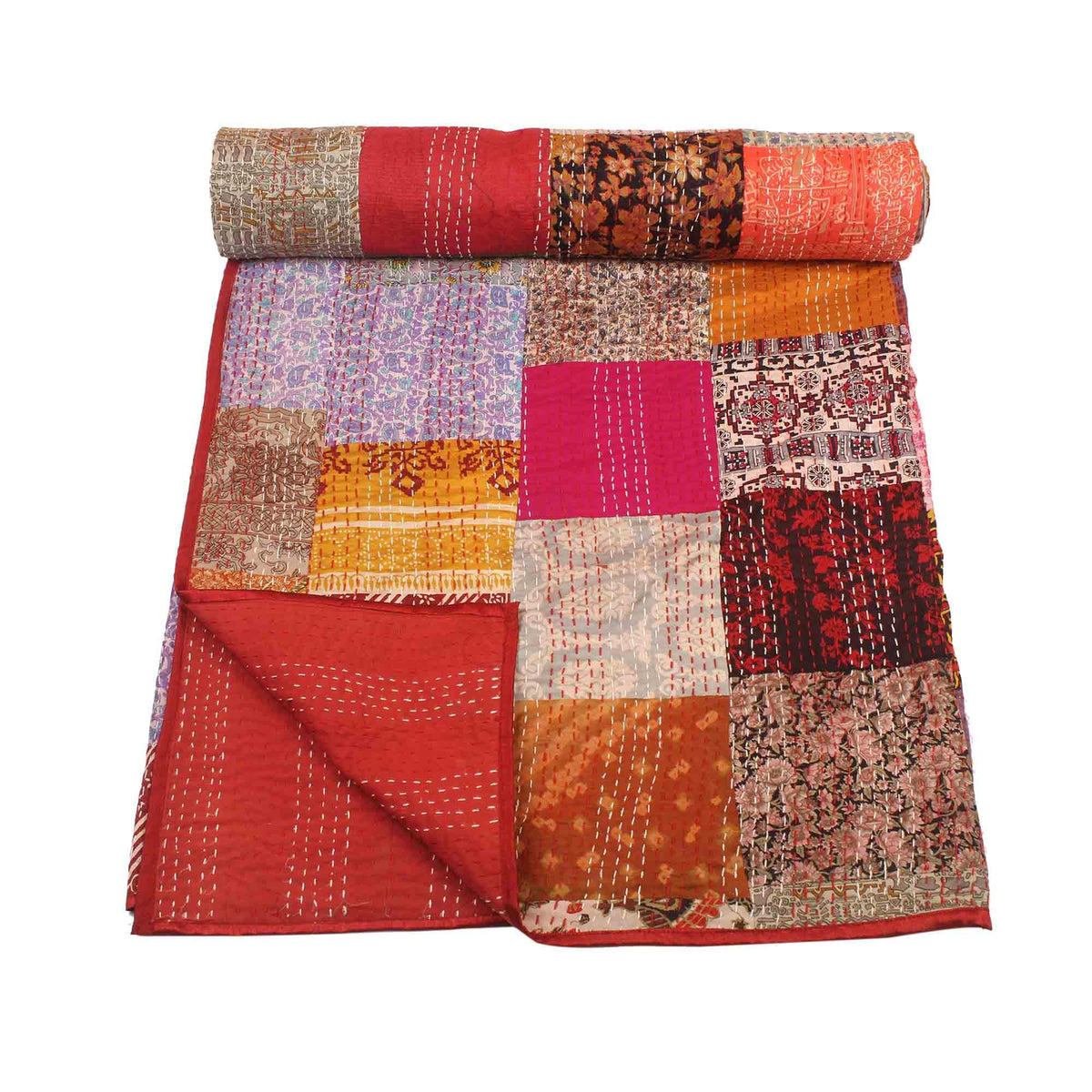 BOHEKANT Handicraft Silk Kantha Quilt Kantha Bed Cover Handmade Kantha Bedspread Kantha Blanket Throw09 (Twin, 60x90 Inches, Si