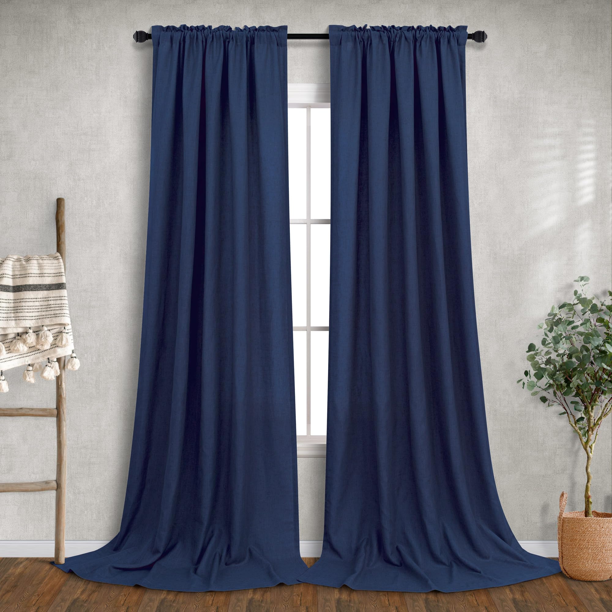 Navy Blue Long Curtains 120 Inch Length For Living Room Decor 2 Panels Rod Pocket Linen Draperies Semi Sheer Privacy Energy Efficient Dark Blue Curtains For Bedroom Sunroom Patio Door 52X120 Tall