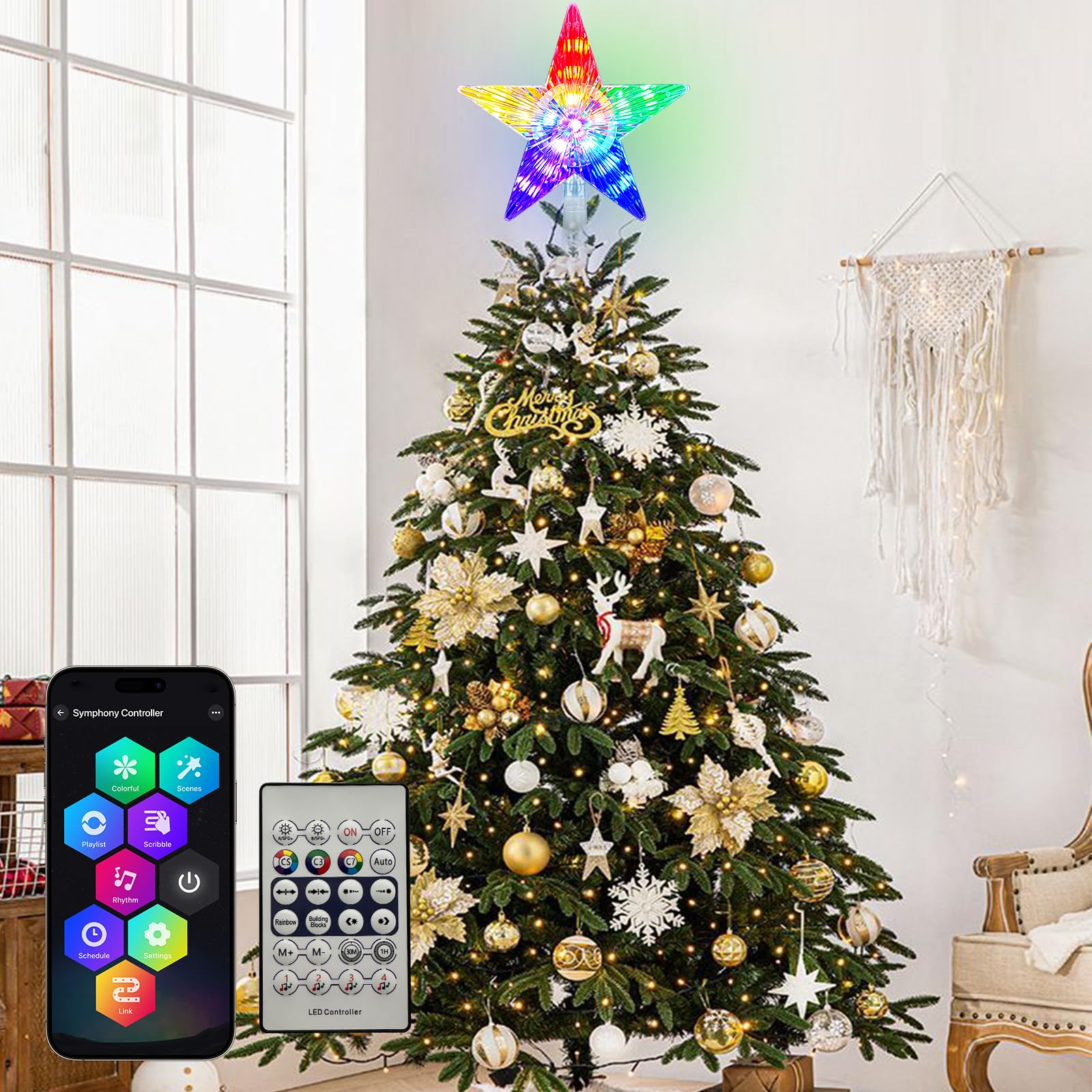 Christmas Tree Topper Star LED Lighted Star Tree Top APP Control, 5-Point Star RGB Night Light Treetop, Small Xmas Tree Decor fo