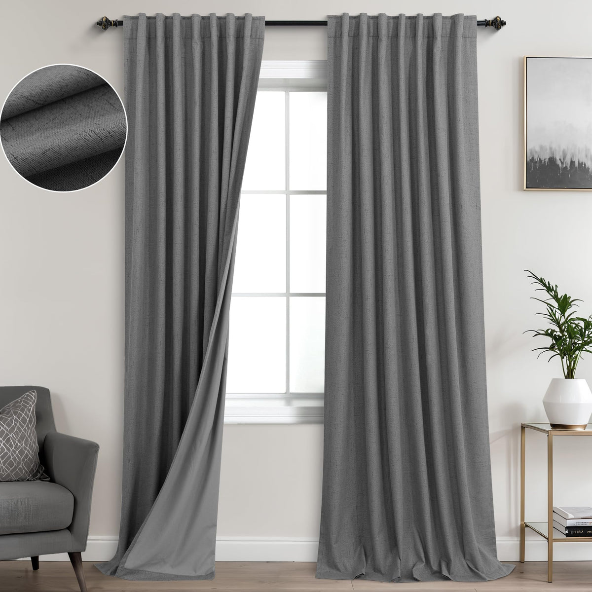 Koufall Grey Back Tab Linen Blackout Curtains For Living Room 52X105 Inch Length