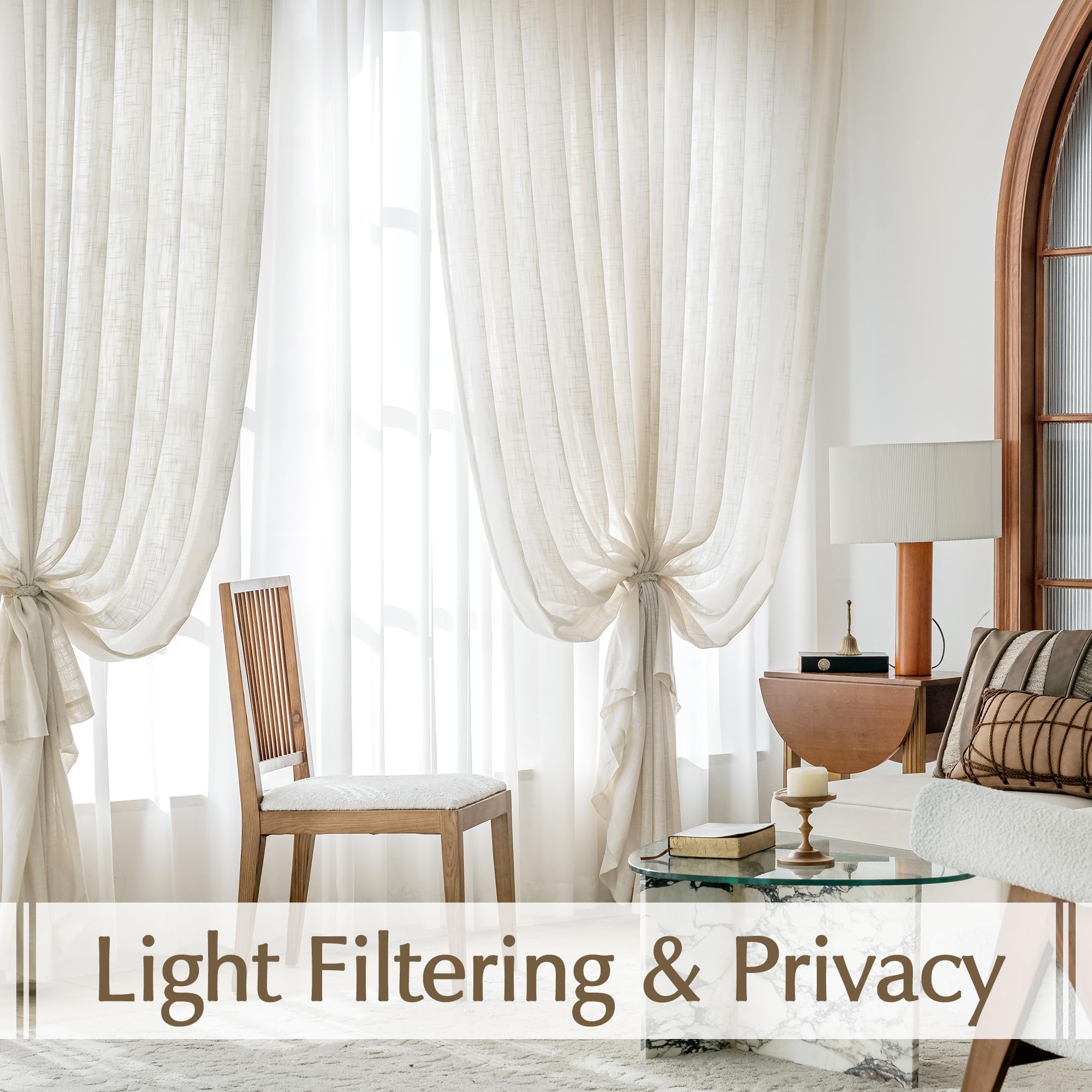 Fmfunctex Linen Semi Sheer Natural Curtains For Bedroom Living Room, Beige Curtain Panels 90 Inches Long Sheer Linen Textured Wi