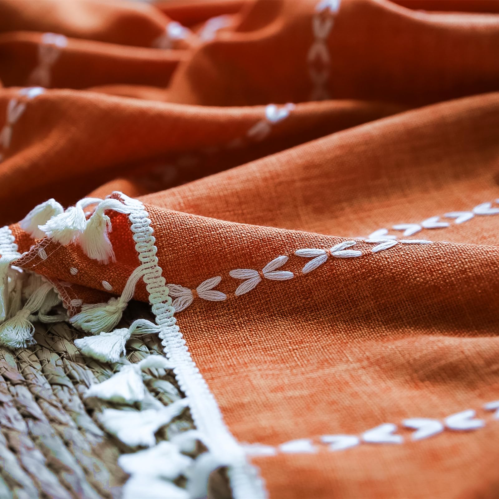 Deeprove Orange Boho Curtains 96 Inches Long With Tassel For Bedroom Living Room, Bohemian Embroidery Farmhouse Cotton Linen Fre