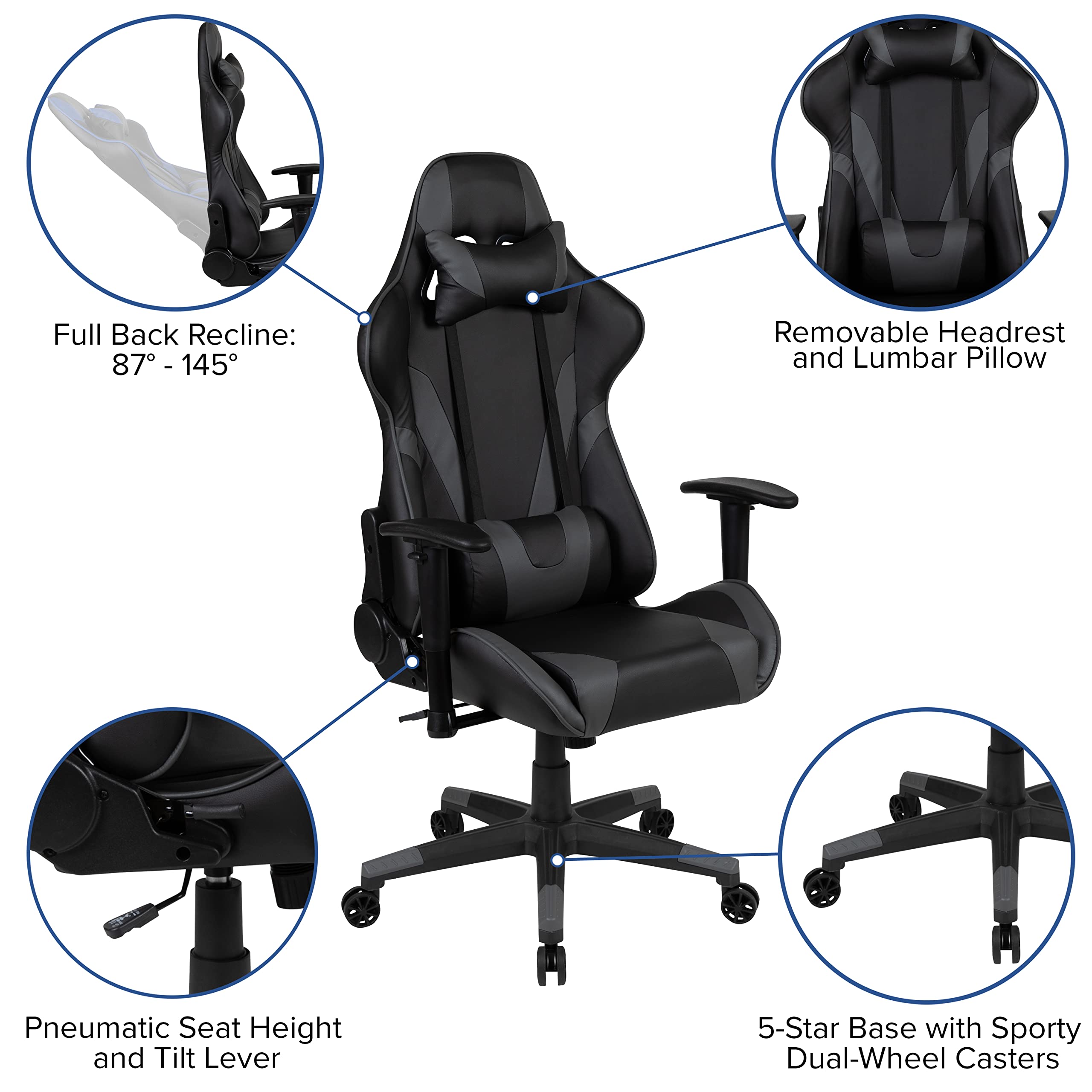 Flash Furniture Black Gaming Desk And Gray/Black Reclining Gaming Chair Set With Cup Holder, Headphone Hook & 2 Wire Management Holes