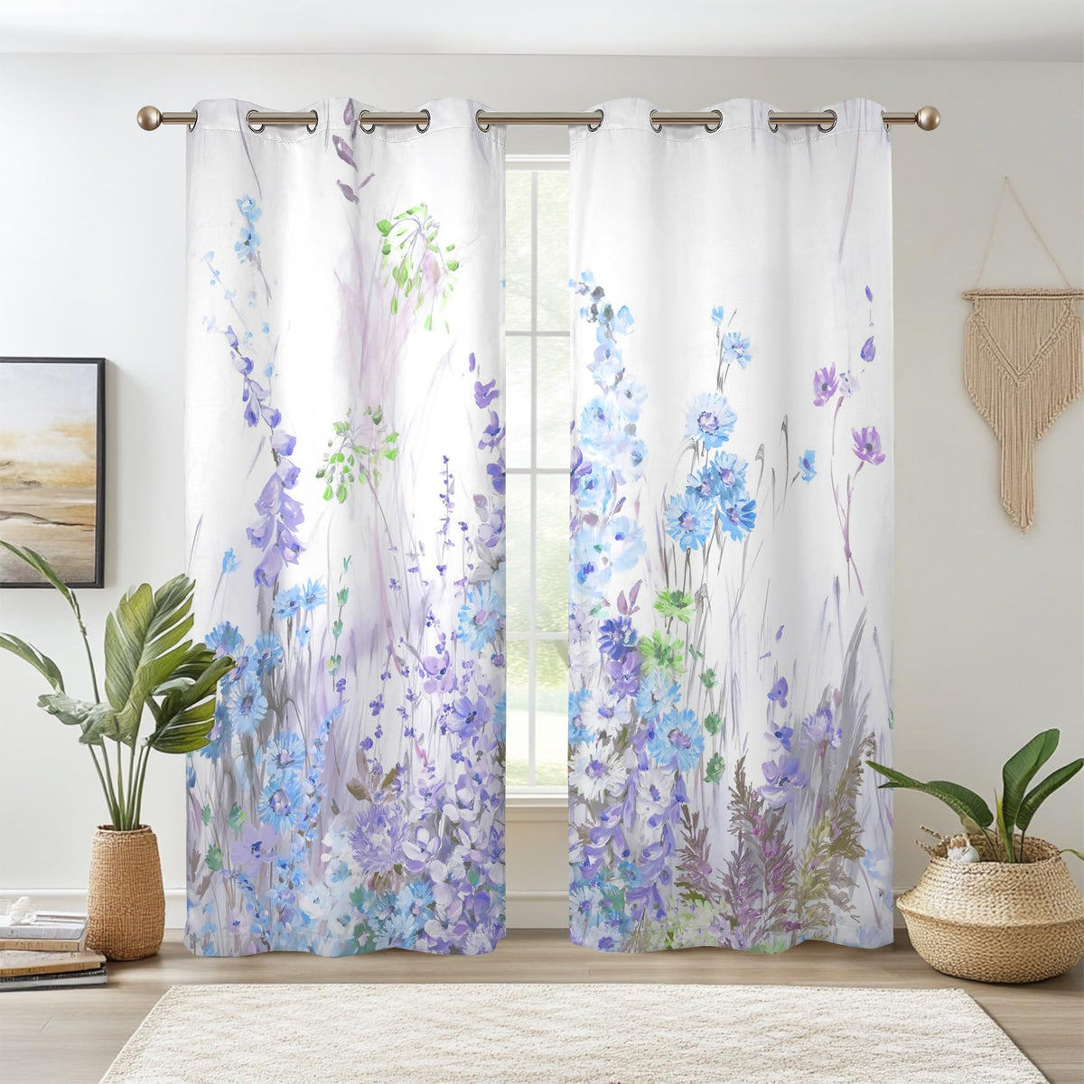 Renaiss Purple Blue Floral Print Blackout Curtains, Pastel Wild Flowers Thermal Insulated Bedroom Window Curtains, Spring Floral
