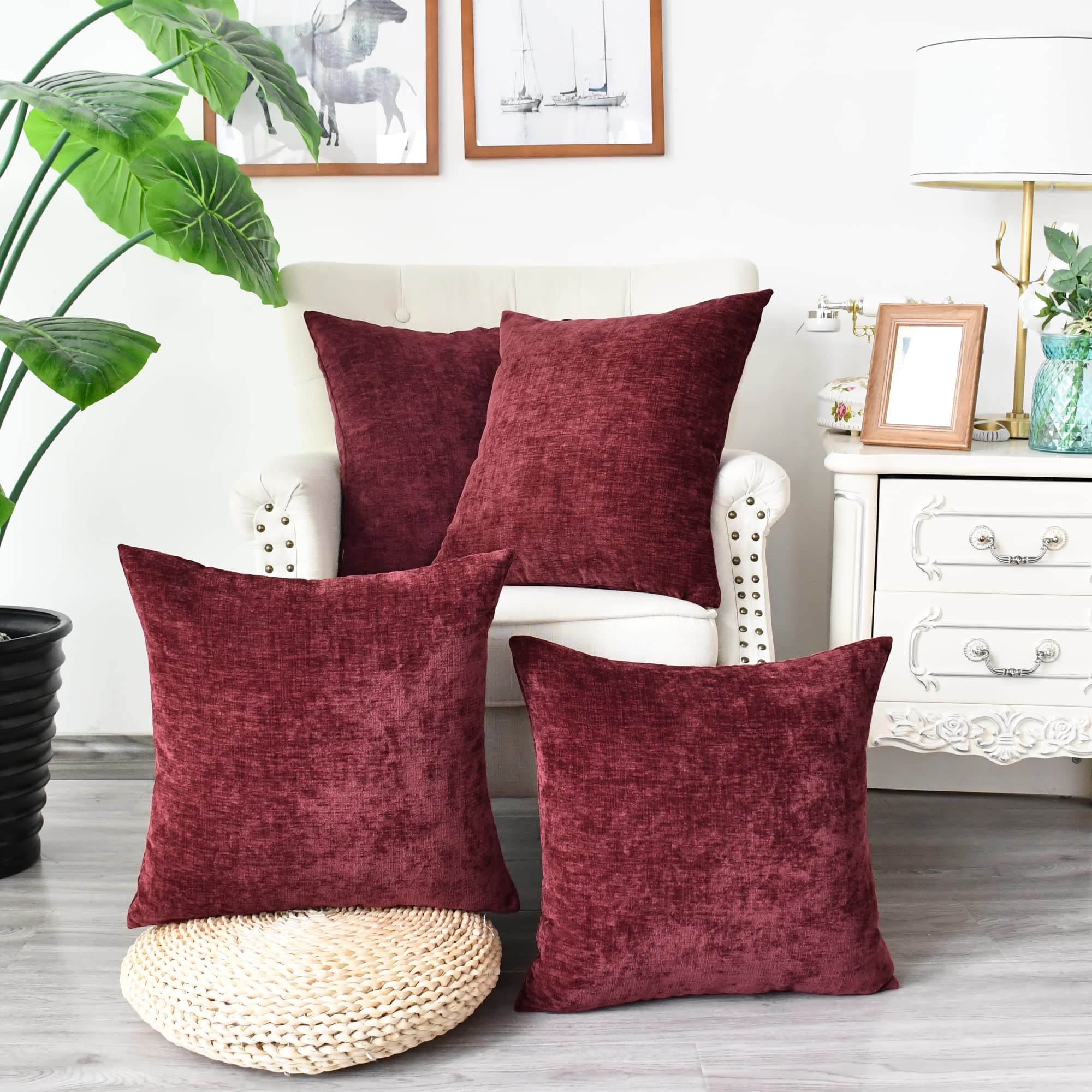 Calitime Pack Of 4 Cozy Throw Pillow Covers Cases For Couch Sofa Home Decoration Solid Dyed Soft Chenille 18 X 18 Inches Burgund