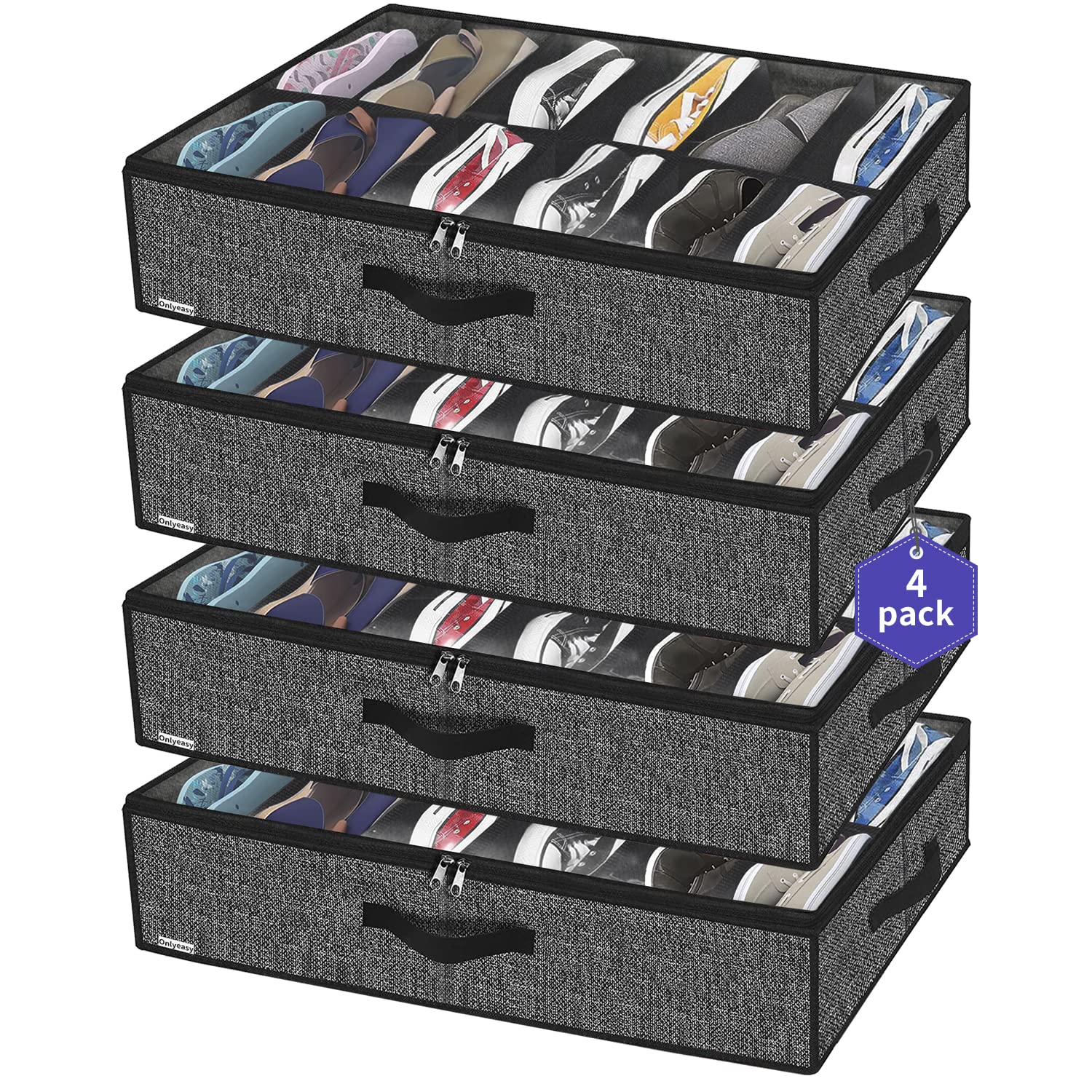 Onlyeasy Under Bed Shoe Storage Organizer For Closet, 4 Pack Fit 12x4 Pairs, Underbed Solution Shoes Container Bags with Sturdy 