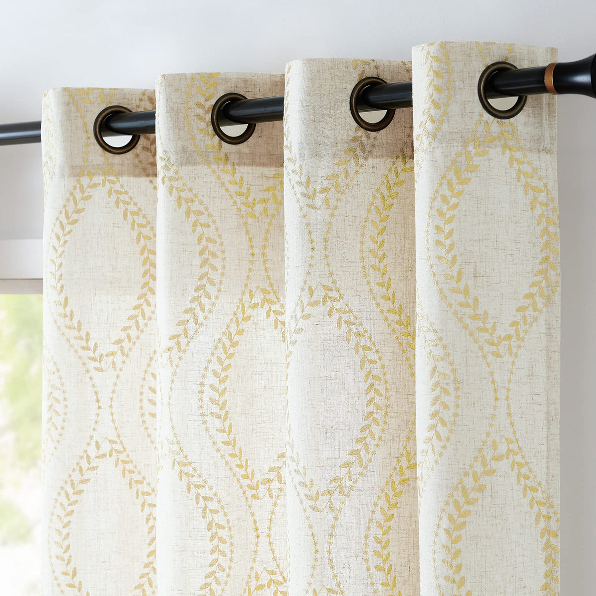 Jinchan Linen Curtains Beige Farmhouse Curtains 96 Inches Long Gold Embroidered Leaf Curtains For Living Room Ogee Geometry Drap