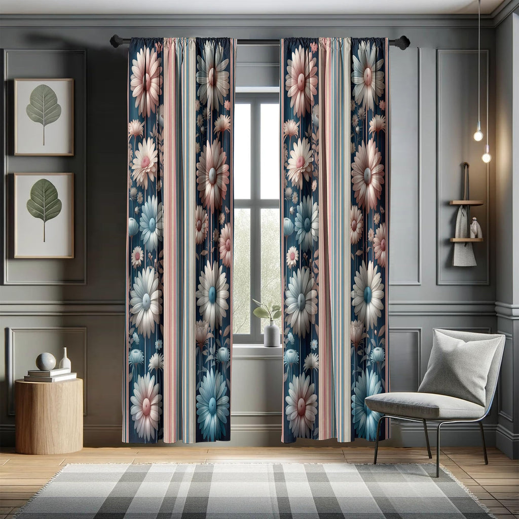 Ambesonne Floral Window Curtains Pack Of 2, Nostalgic Garden With Vintage Daisy Flowers And Bicolour Soft Stripes, Lightweight S