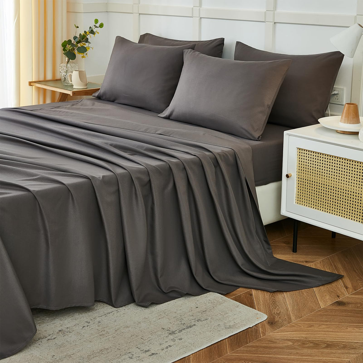 Ilavande King Size Sheets Set 6 Piece,Hotel Luxury Super Soft 1800 Series Microfiber Grey Bed Sheets King Set-Wrinkle Free & Bre