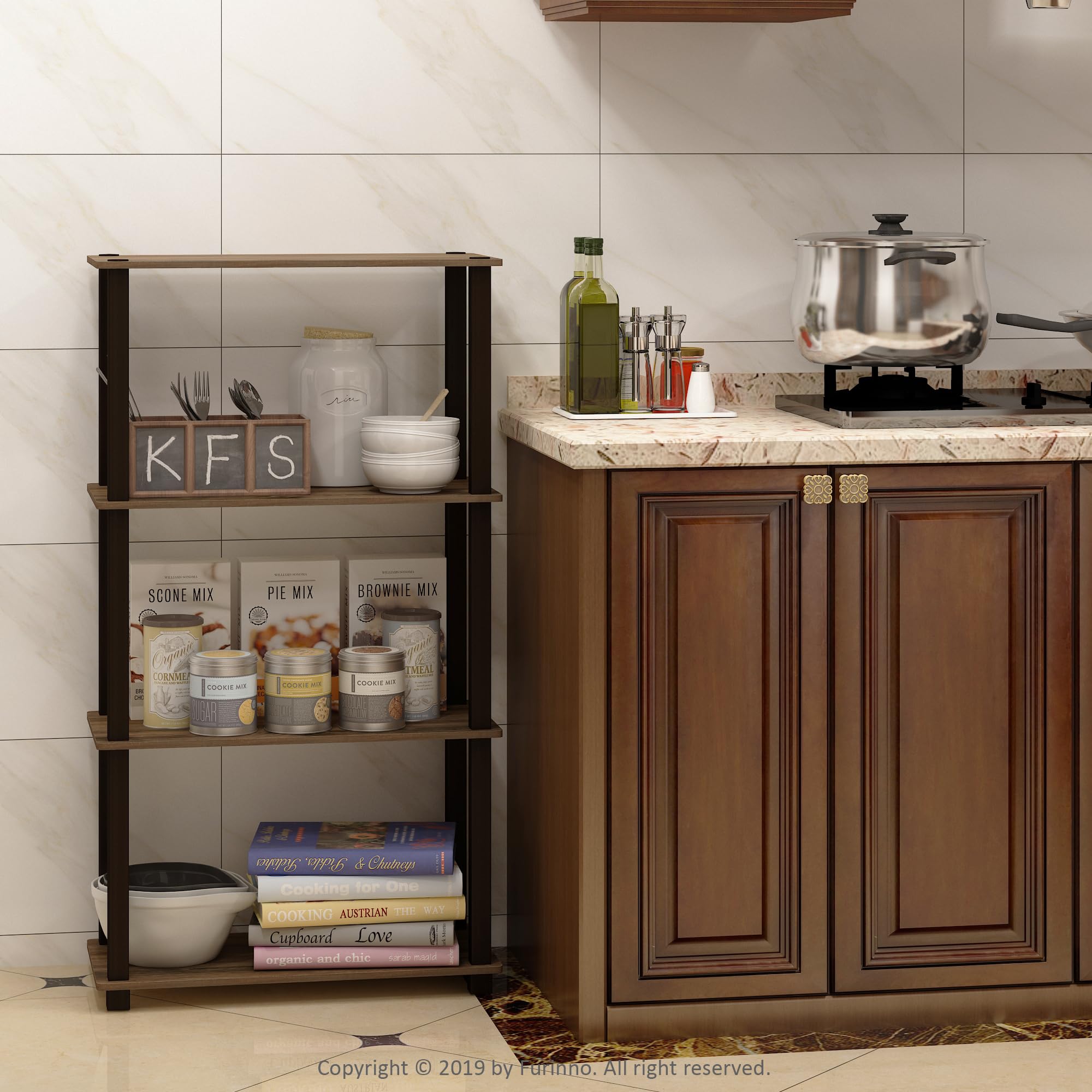 Furinno Turn-N-Tube 4-Tier Multipurpose Shelf Display Rack, Square Tube, Walnut/Brown