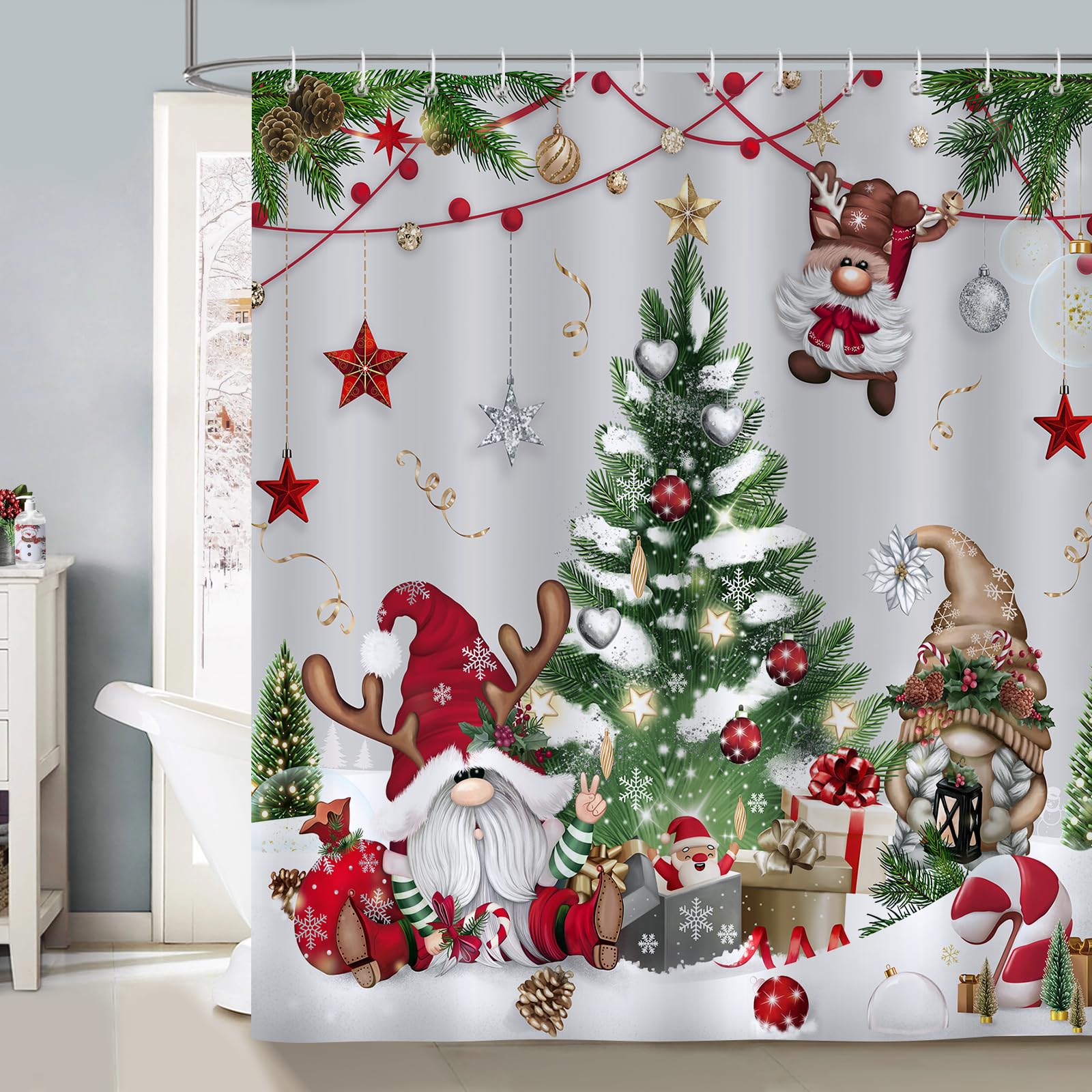 Bonhause Christmas Gnomes Shower Curtain Xmas Tree Balls Gift Boxes Winter Holiday Decorative Bath Curtain 72 x 72 Inch Polyeste