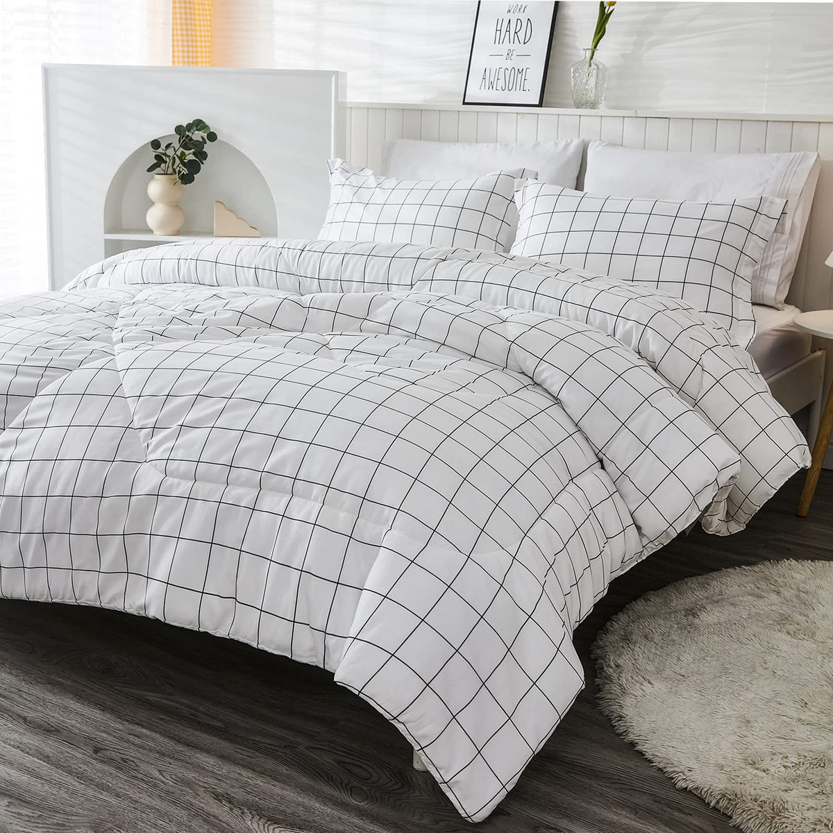 Andency White Grid Comforter Set King Size (104X90 Inch), 3 Pieces(1 Grid Comforter And 2 Pillowcases), Summer Lightweight Micro