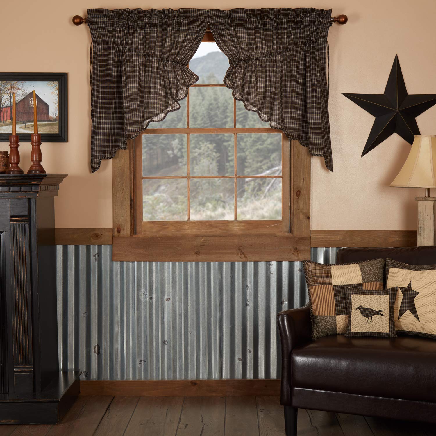 Vhc Brands Kettle Grove Window Curtains, Plaid Prairie Swag Scalloped Set Of 2 36X36X18