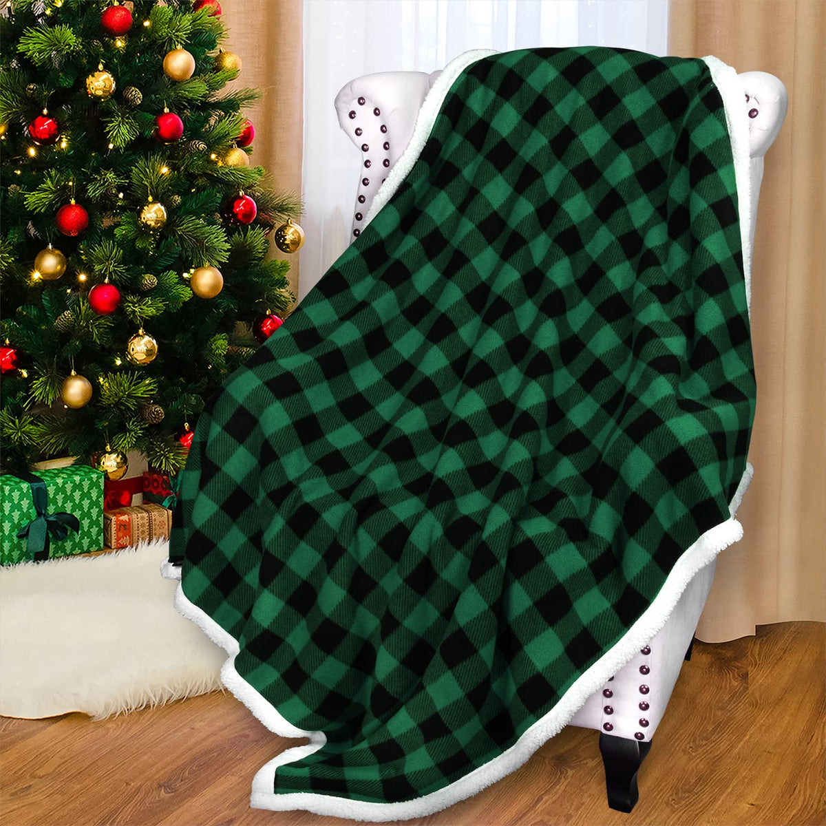 Catalonia Buffalo Plaid Green Sherpa Throw Blanket, Reversible Soft Fuzzy Comfy Snuggly Throws For Couch, 50X60 Inches, St. Patr