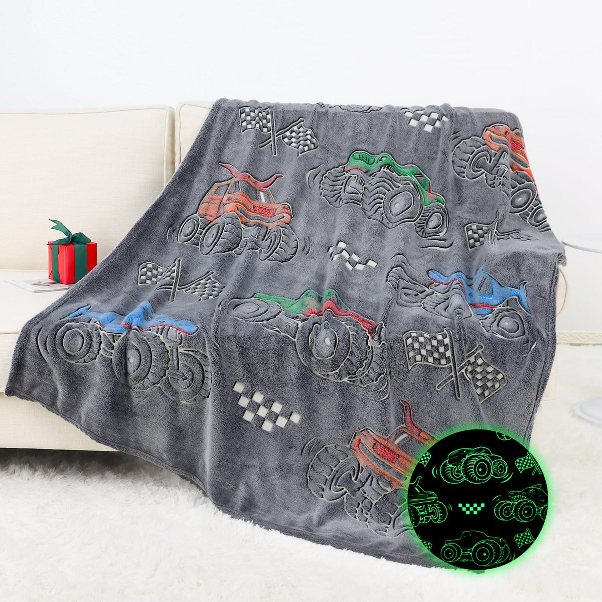 Ohoit Glow In The Dark Blanket For Kids Cute Truck Blanket Boys Blanket For Sofa Couch Bed Birthday Christmas Valentine'S Day Ea