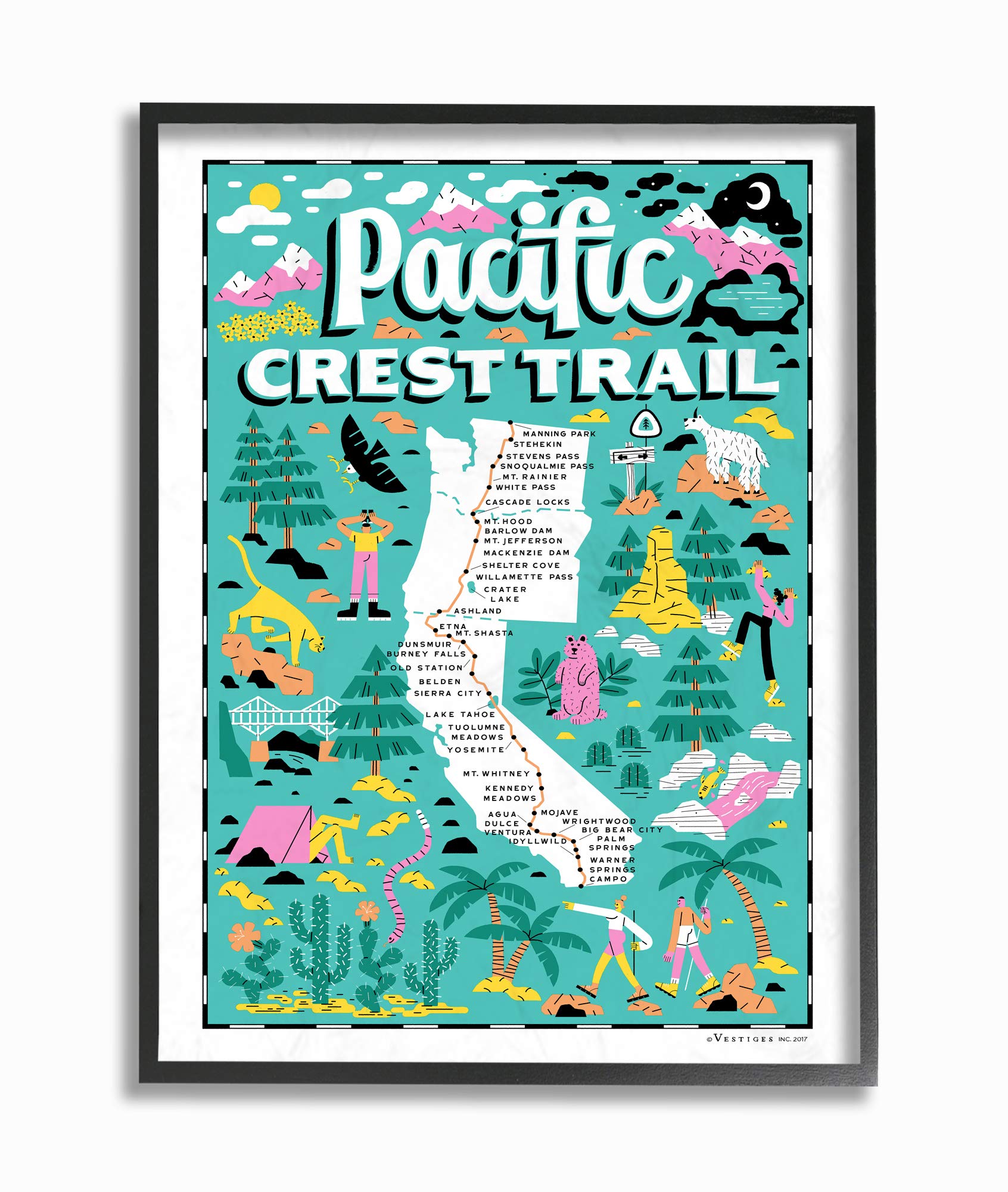 Stupell Industries Pacific Crest Trail Aqua Blue and Pink Illustrated Scenic Map Poster Framed Giclee Texturized Art, 11 x 1.5 x
