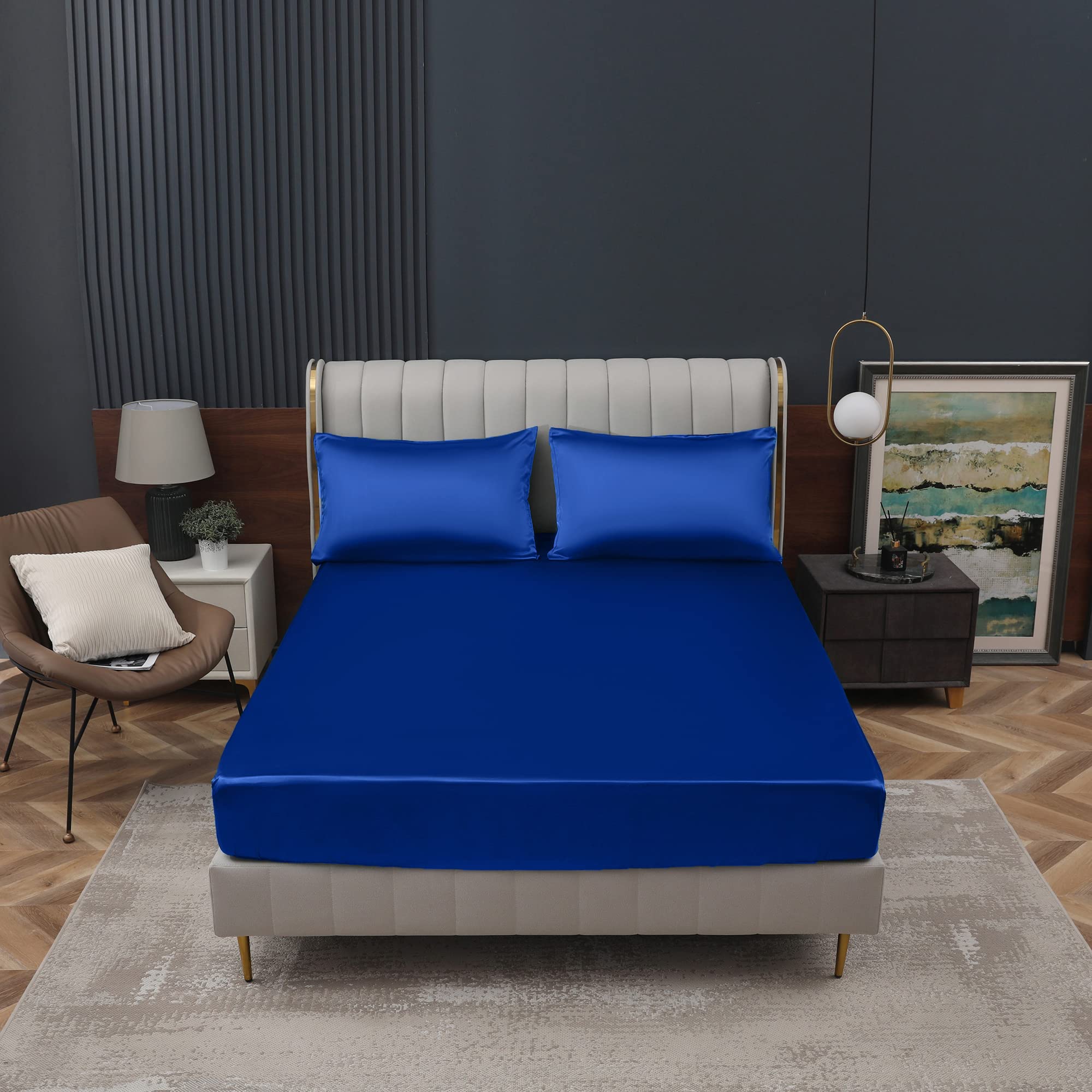 Homiest Royal Blue Satin Fitted Sheet King Size Fitted Bed Sheet, Deep Pocket Fitted Sheet Only, Luxury & Ultra Soft Bedding Fitted Sheet Single Bottom Bed Sheets Sold Separately