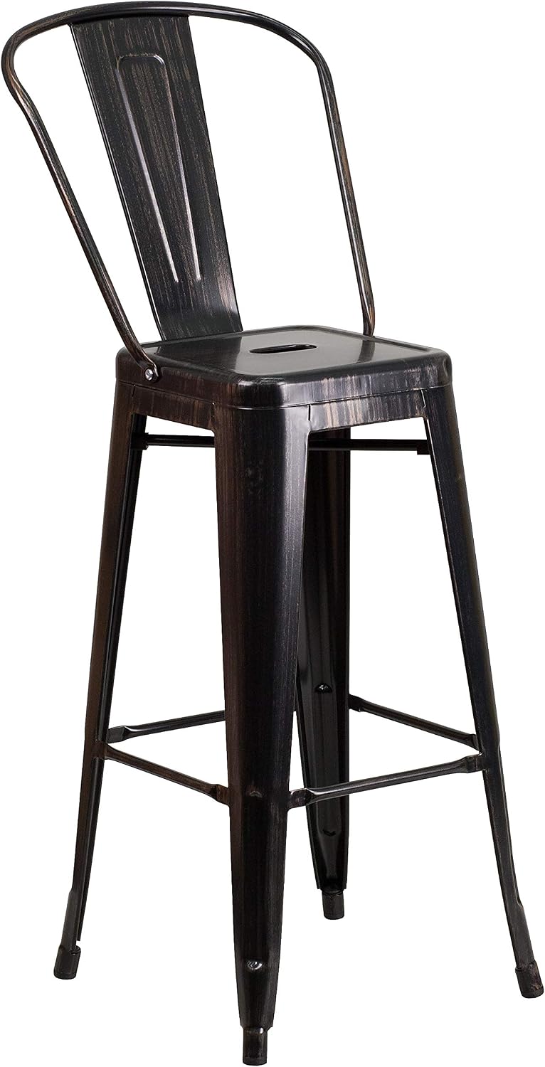 Commercial Grade 30 High Black-Antique Gold Metal Indoor-Outdoor Barstool with Removable Back