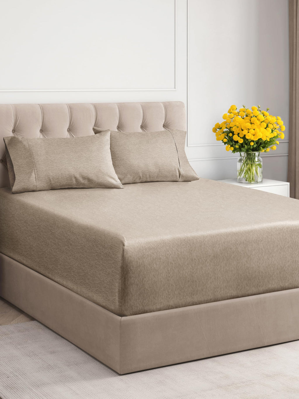 Extra Deep Pocket Cal King Sheets - 4 Piece Breathable & Cooling Bed Sheets - Hotel Luxury Bed Sheet Set - Soft, Wrinkle Free & Comfy - Easily Fits Extra Deep Mattresses - Heathered Beige Sheets Set