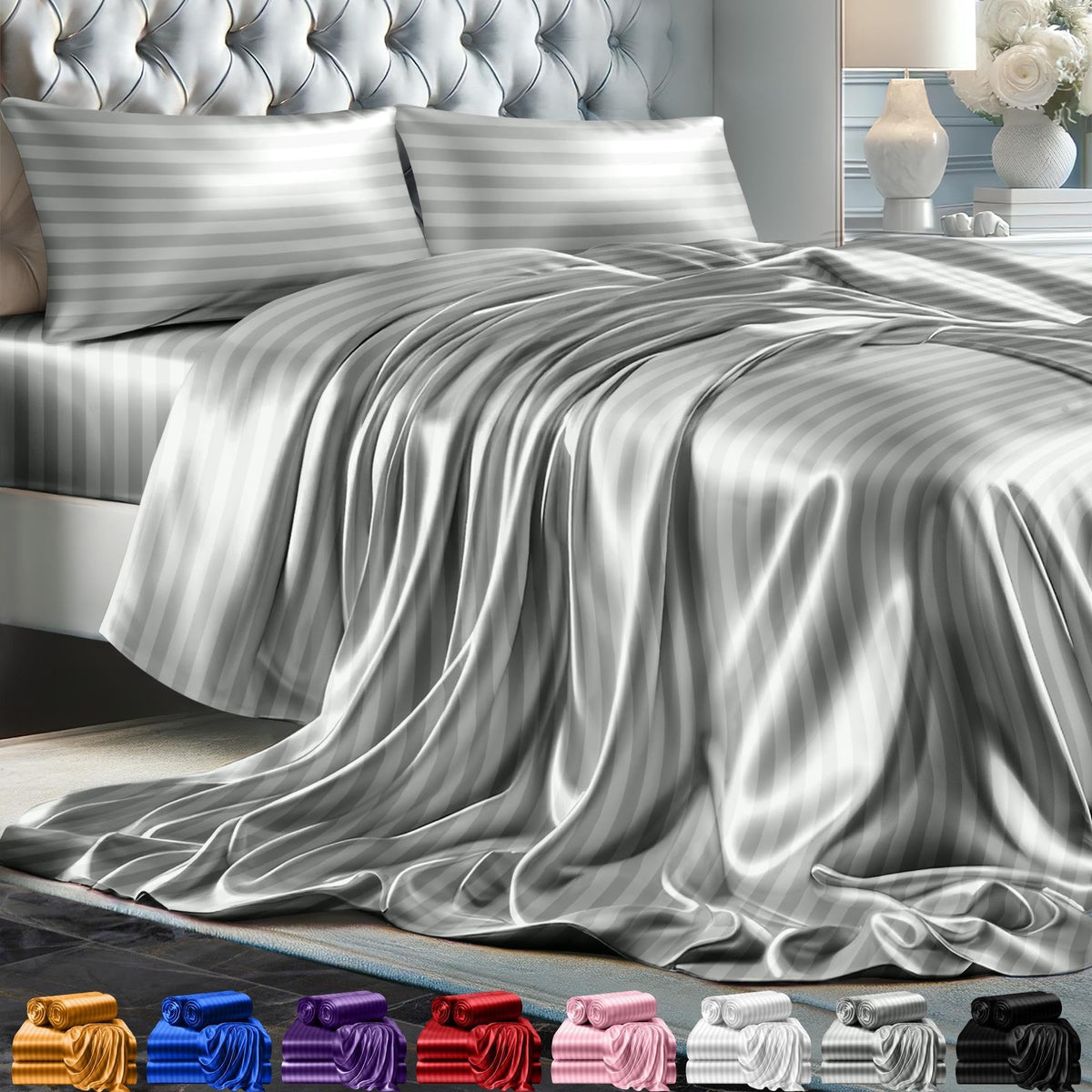 Decolure King Size Silk Satin Bed Linen Set - 4Pc Striped Grey With Deep Pocket, Hypoallergenic, Wrinkle-Resistant