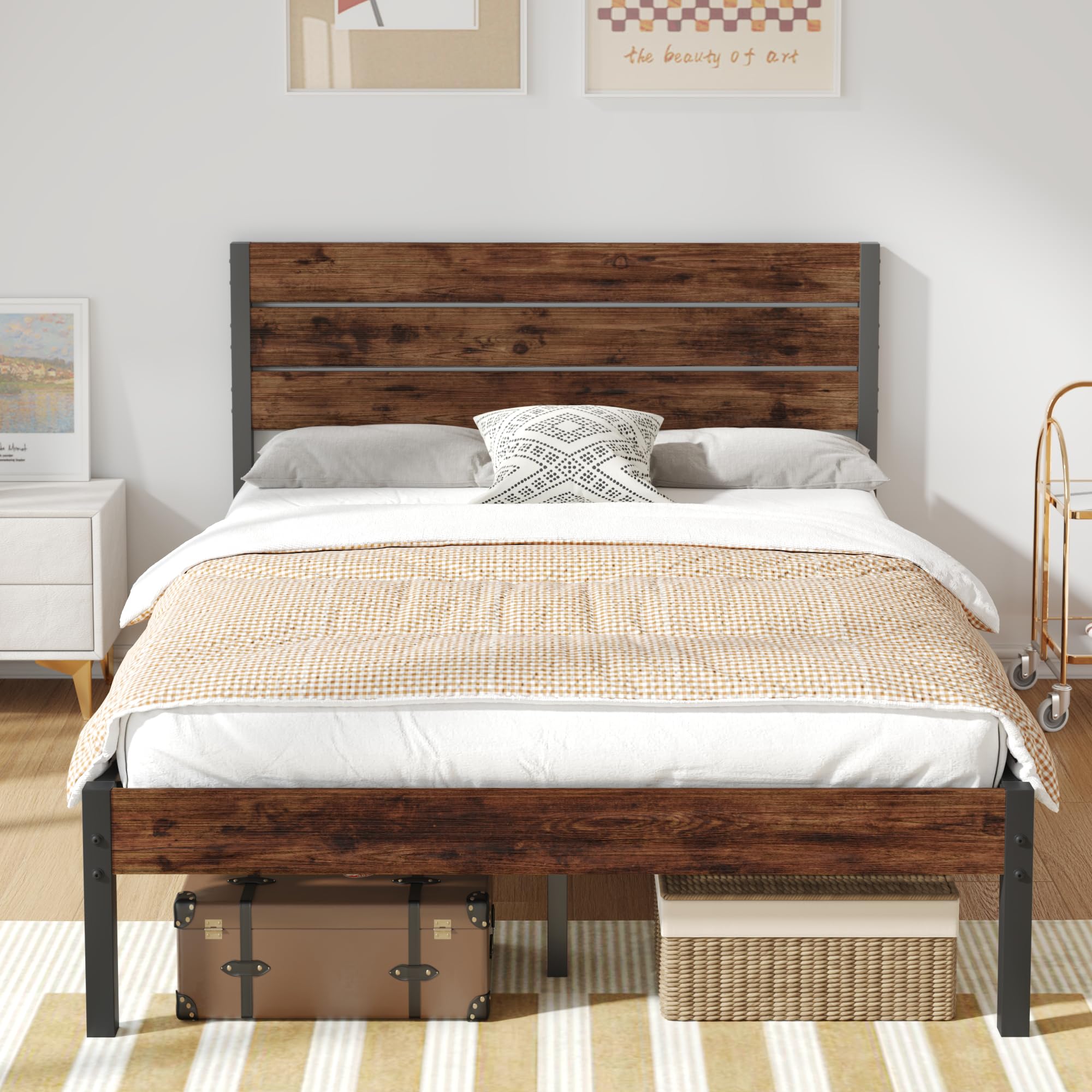 Fluest Full Bed Frame With Headboard And Footboard, Metal Full Bed Frame With Under Bed Storage, All-Metal Support System, No Box Spring Needed, Easy Assembly,Rustic Brown