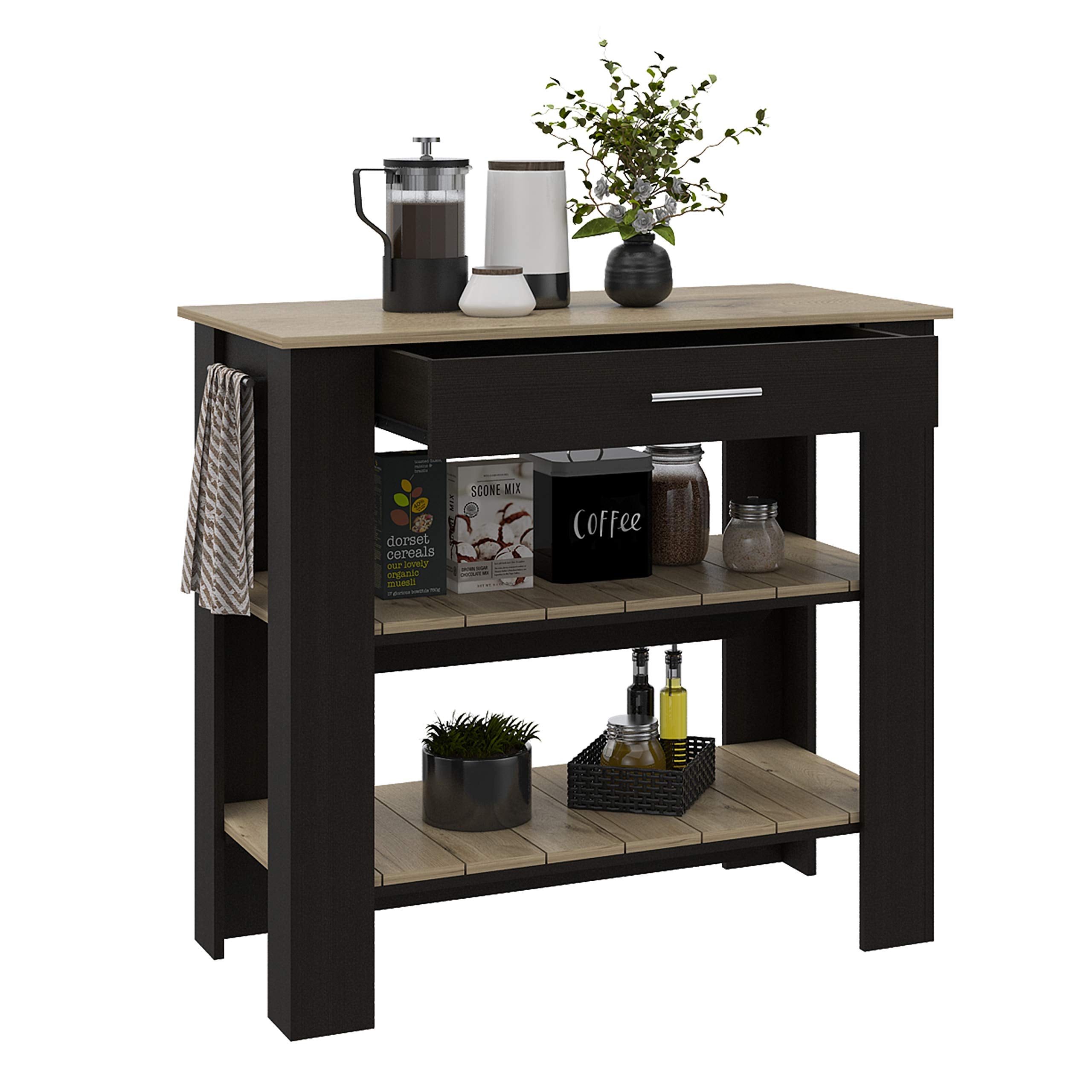 Kitchen Island 37&quot; H, 2 Open Storage Shelves, 1 Drawer, 4 Legs,Towel Hanger, Black/Light Oak