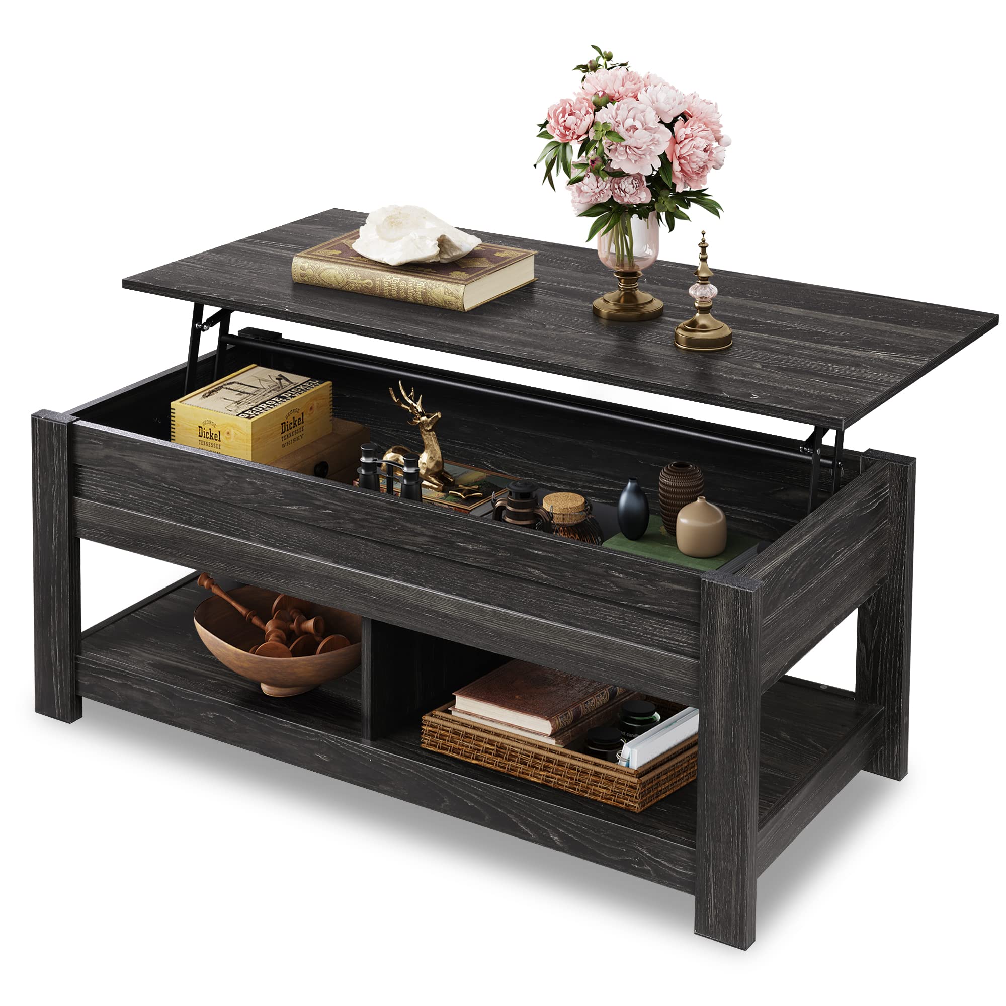 WLIVE Coffee Table, 47'' Lift Top Coffee Table with Hidden Compartment and 2 Storage Shelves for Living Room, Espresso