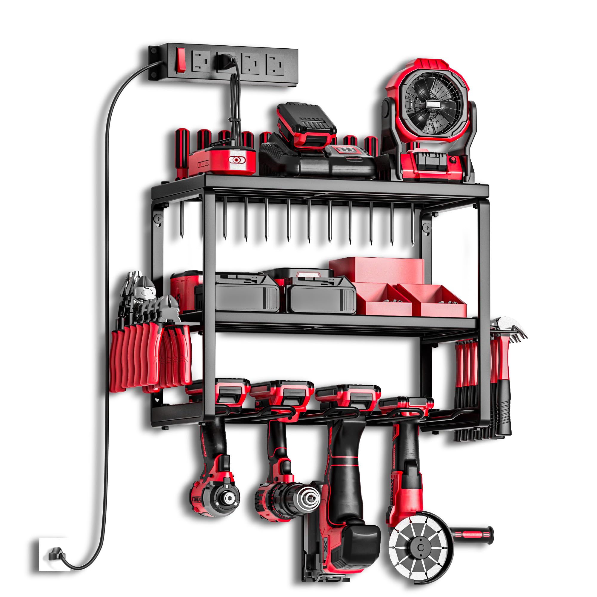Amoowis Garage Organization With Charging Station, Heavy Duty Iron, Power Tool Battery Organizer With 4 Cordless Drill Holder, T
