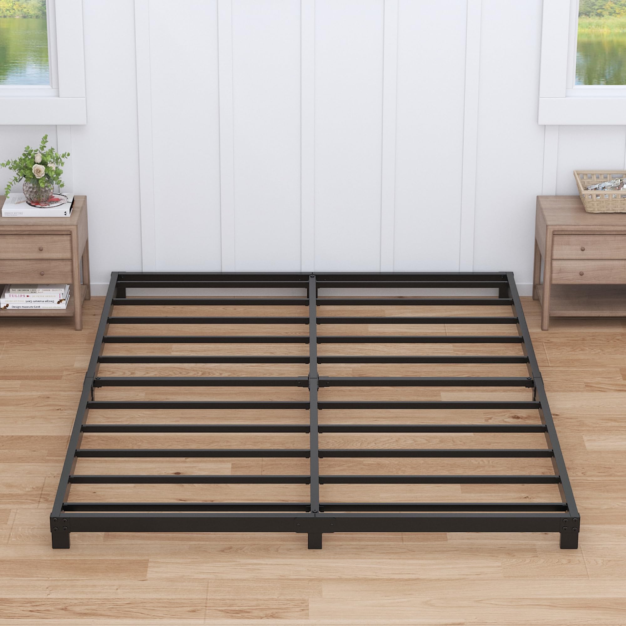 Nailsong 4 Inch Bed Frame King Size Low Profile, King Bed Frame No Box Spring Needed, Heavy Duty Metal, Easy Assembly, Black