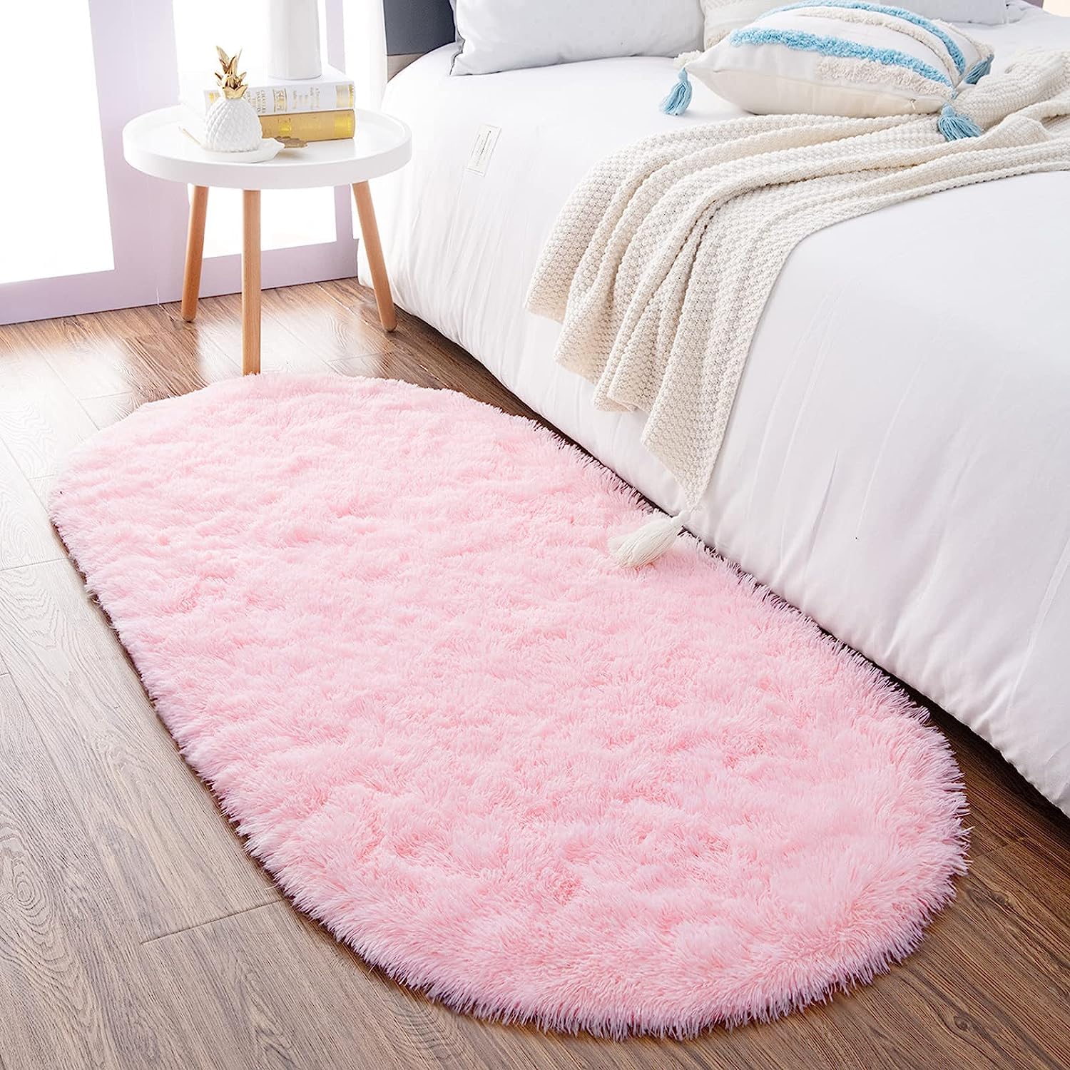 Noahas Fluffy Pink Rugs for Bedroom Girls,2X 5 Oval Ultra Soft Bedroom Rugs,Cute Small Throw Rugs, Kids Room Carpet Modern Sha