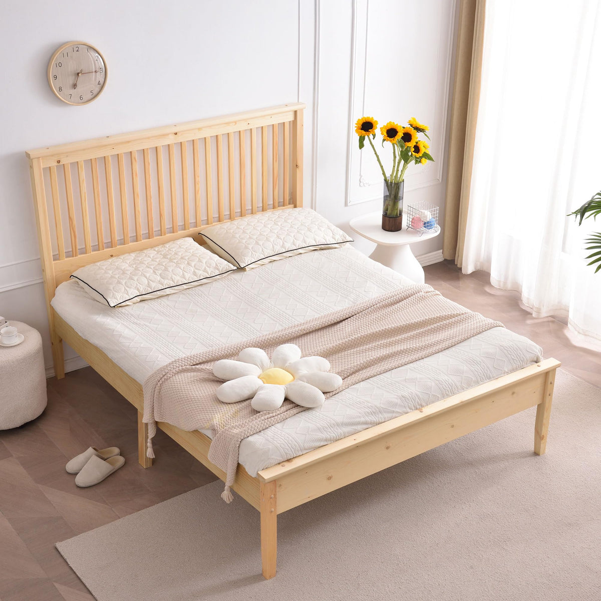 Solid Pine Wood Bed (Natural, Queen)