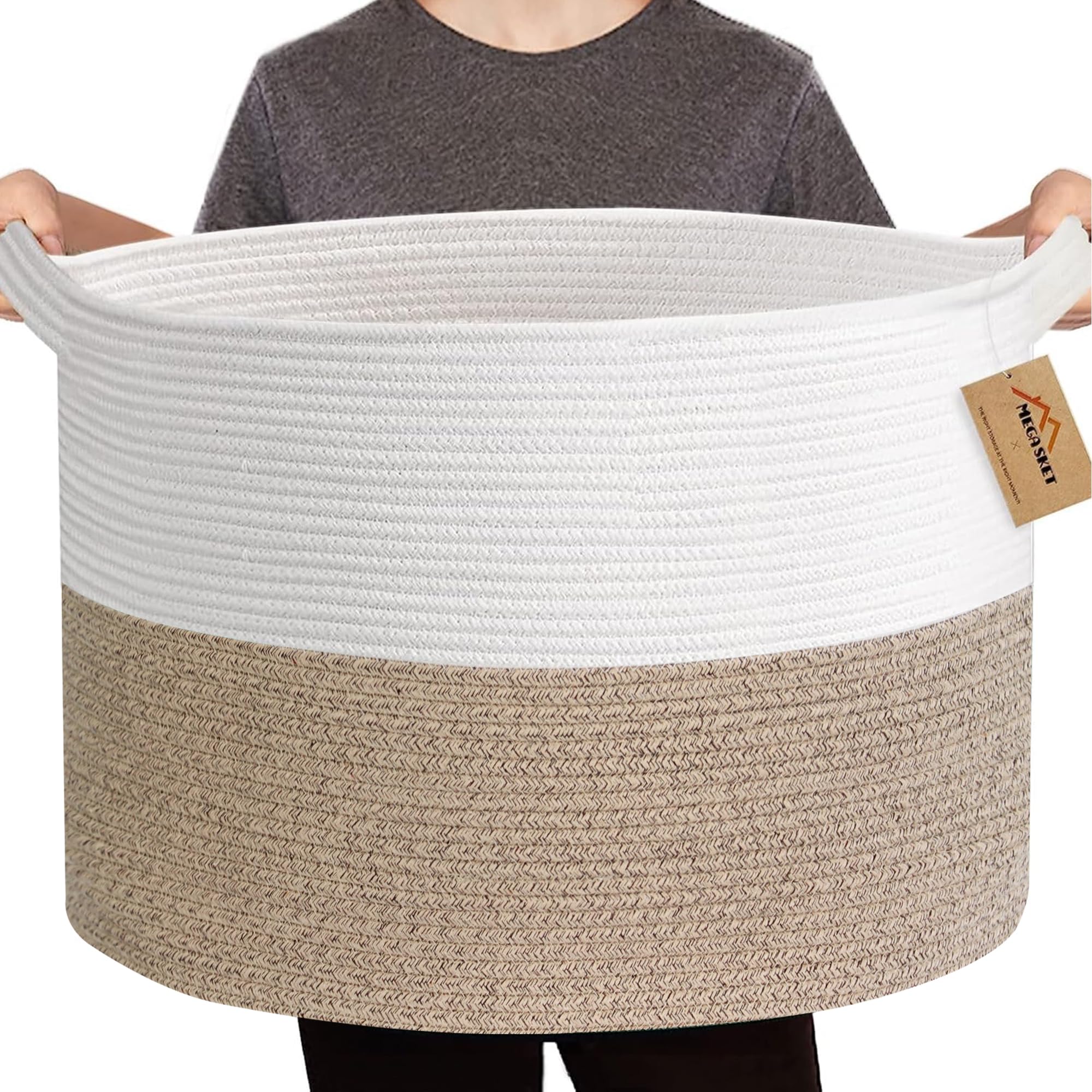 MEGASKET Large Rope Storage Basket, 22 X 22 X 14 Extra Large Woven Baskets for Storage, Cotton Rope Basket for Blankets Toys, Wi