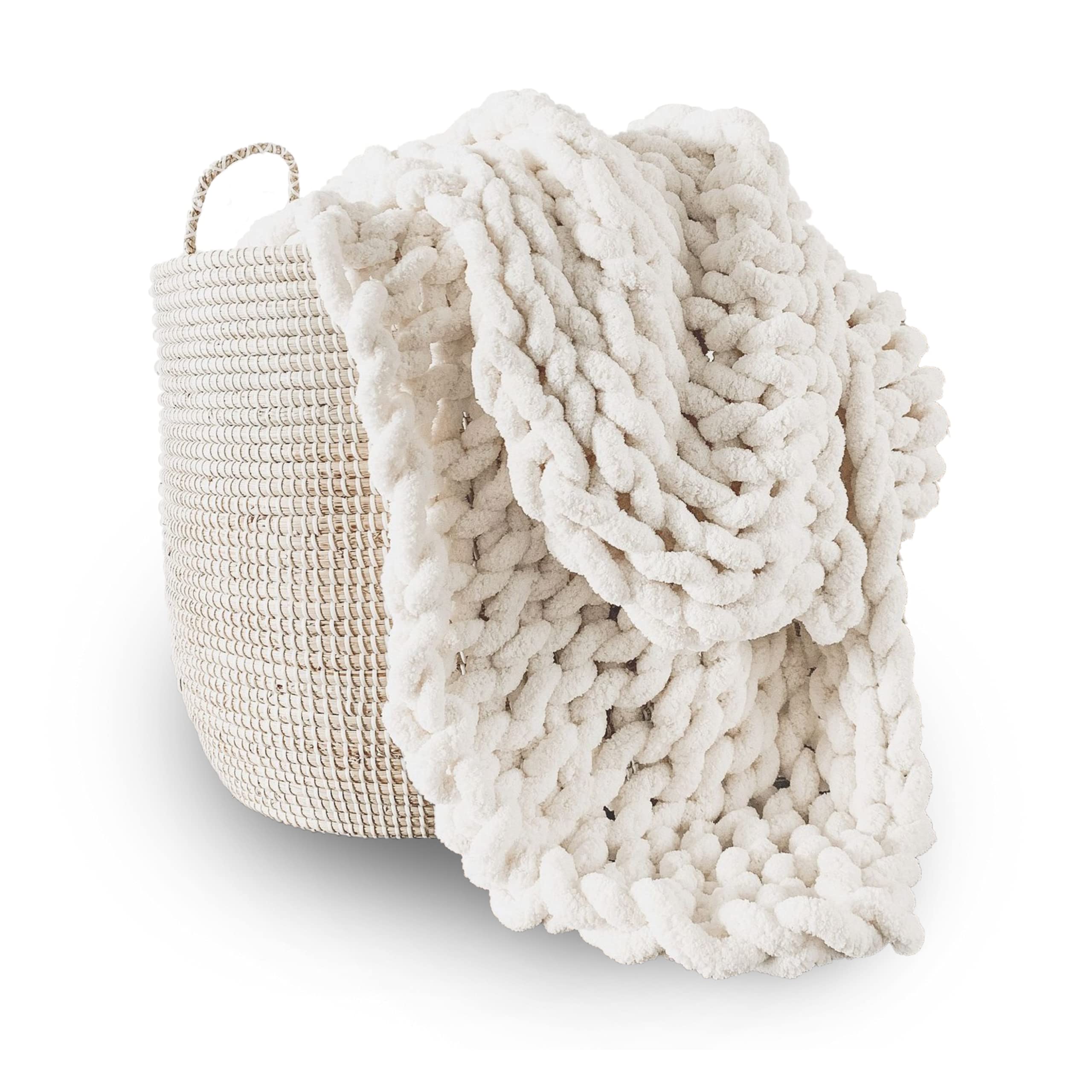 Adyrescia Chunky Knit Blanket Throw | 100% Hand Knit With Jumbo Chenille Yarn (50'X60', Cream White)