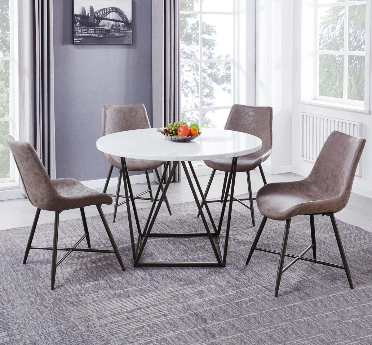 Steve Silver Furniture Ramona 5pc Marble Dining Set, 44&quot; Round Marble Top w/Iron Base, 4-100% Polyester Side Chairs, Mid-Century/Modern Design, Dining Room, 44&quot; L x 44&quot; W x 30&quot; H, Brown, White