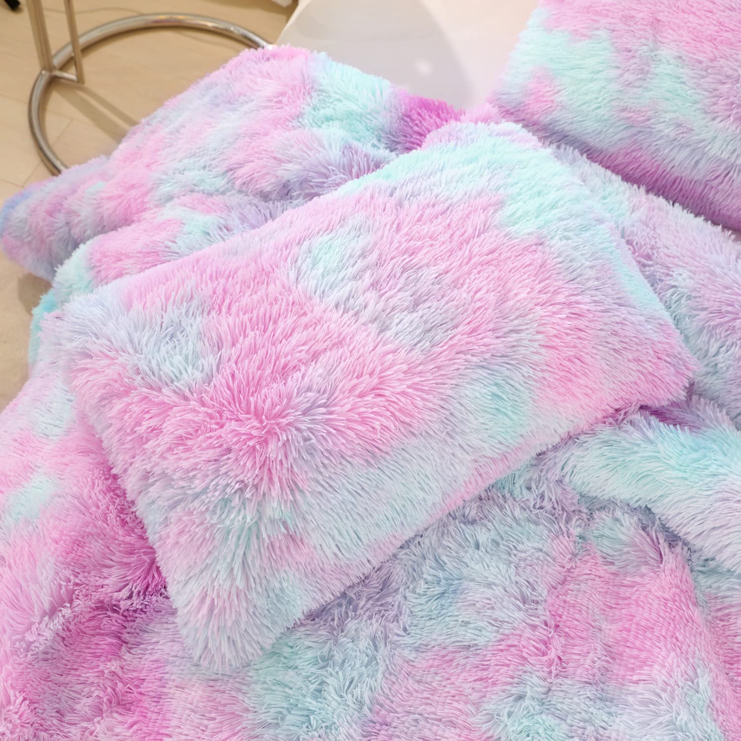 Sucses Purple Tie Dye Faux Fur Duvet Cover Set Twin Size Colorful Rainbow Plush Shaggy Bedding Set Ultra Soft Fluffy Velvet Comf
