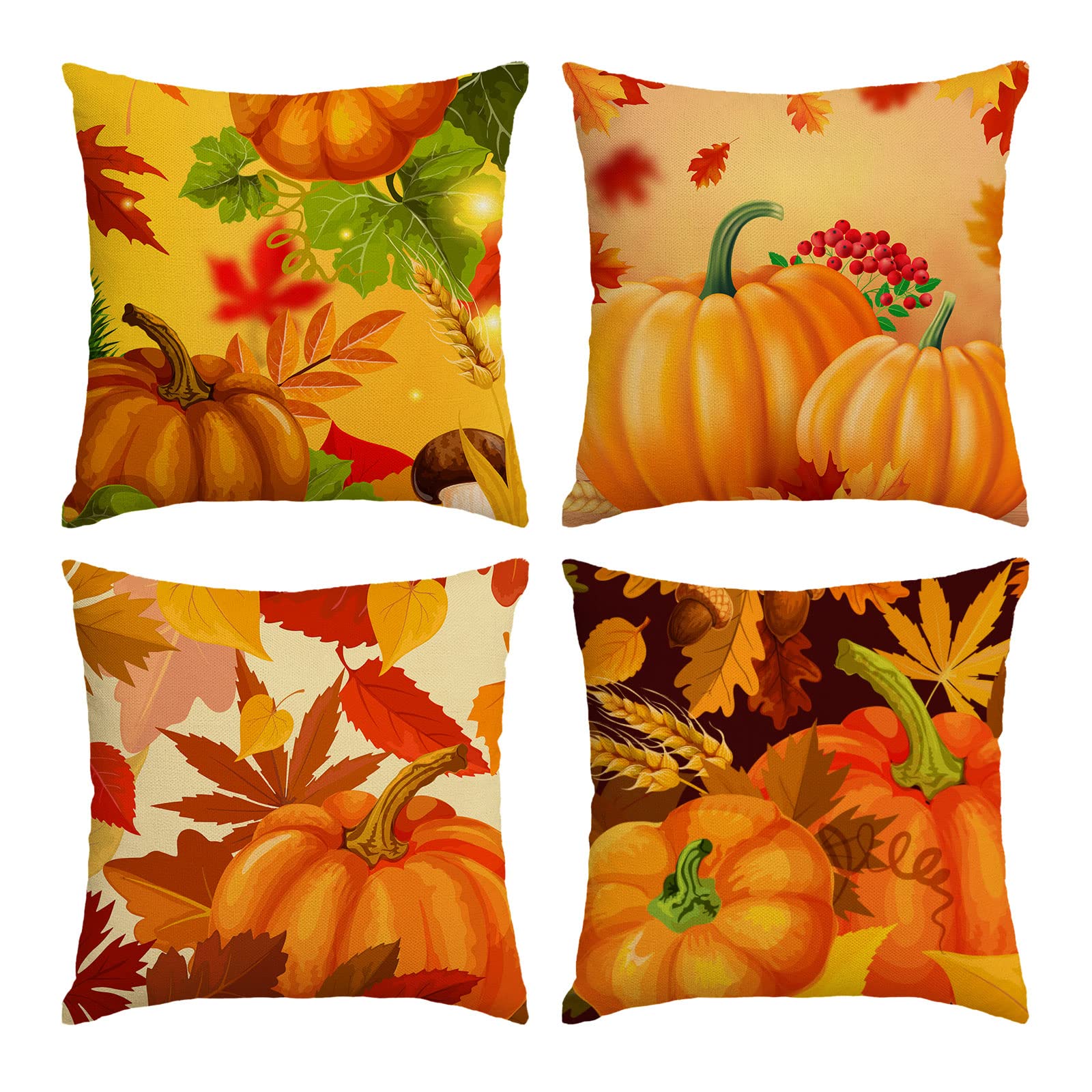Set Of 4 Fall Pillow Covers 18X18 Inch Fall Thanksgiving Pumpkins Throw Pillows Covers Autumn Leaves Decorative Cushion Covers O