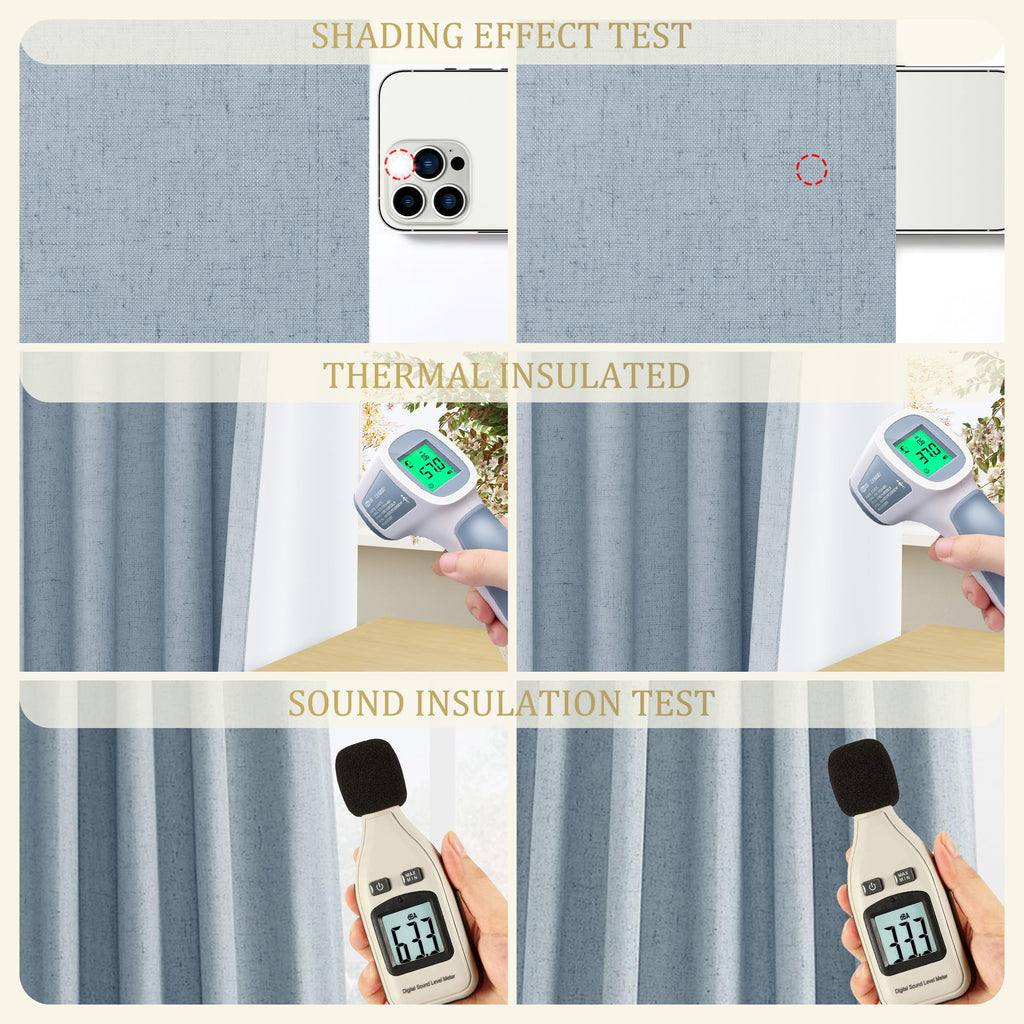 Jowels Blue Linen Blackout Curtains 84 Length 2 Panels Set For Living Room Bedroom, 100% Black Out Thermal Insulated Linen Drape